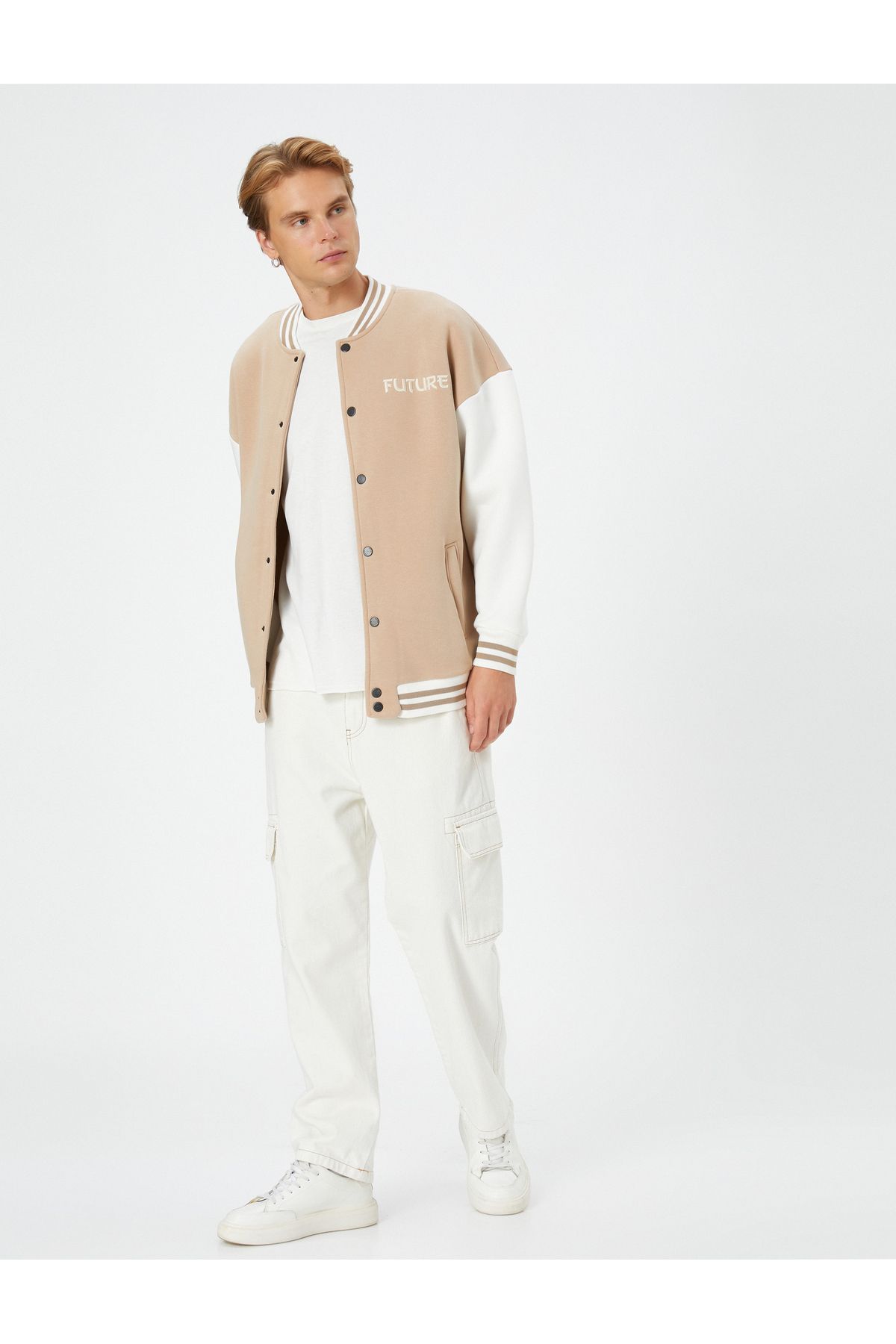 Koton-Embroidered Ribbed College Jacket with Bomber Collar and Snap Buttons 2