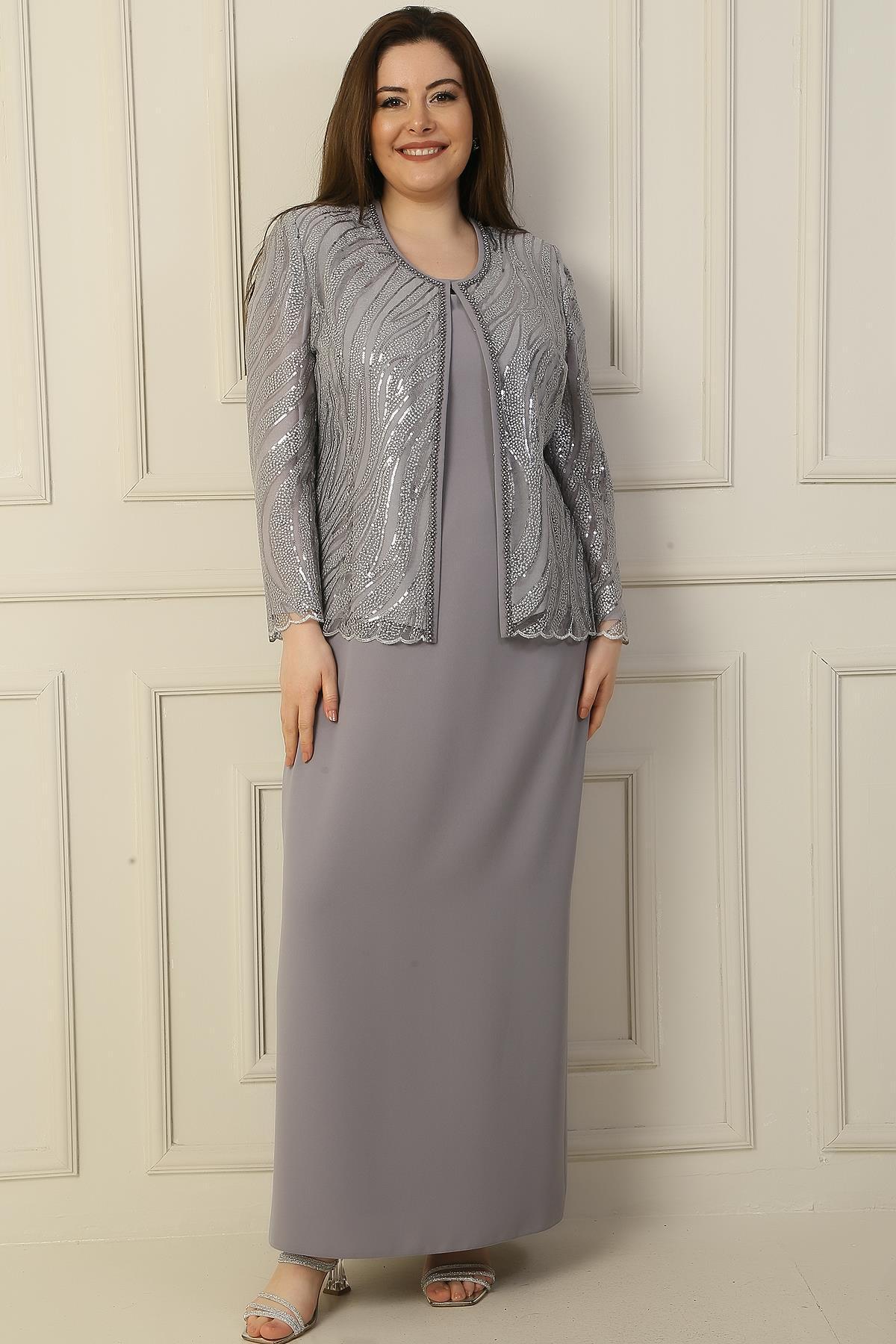 By Saygı-Half Moon Sleeve Long Dress Bead Sequin Embroidered Tulle Jacket Lined Plus Size 2 Piece Set 2