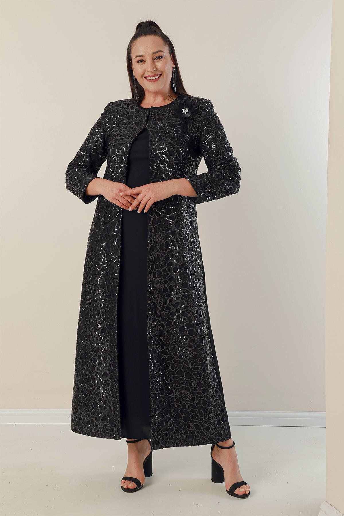 By Saygı-Half Moon Sleeve Long Crepe Dress with Sequined Kaftan Lining on the Sleeves and Front Plus Size 2-Piece Set 3