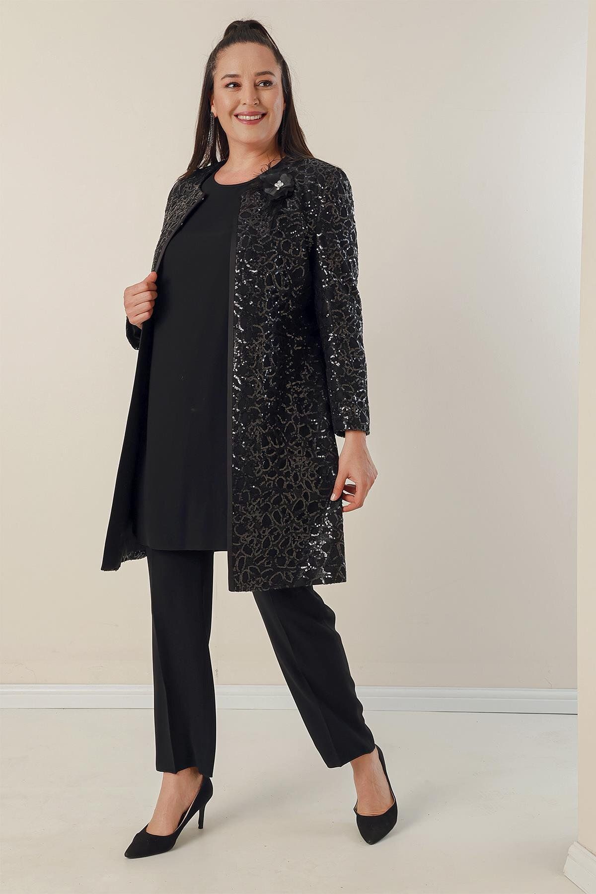 By Saygı-Crepe Blouse with Side Slits, Sleeves and Sequin Lined Jacket and Trousers Plus Size 3-Piece Set 3