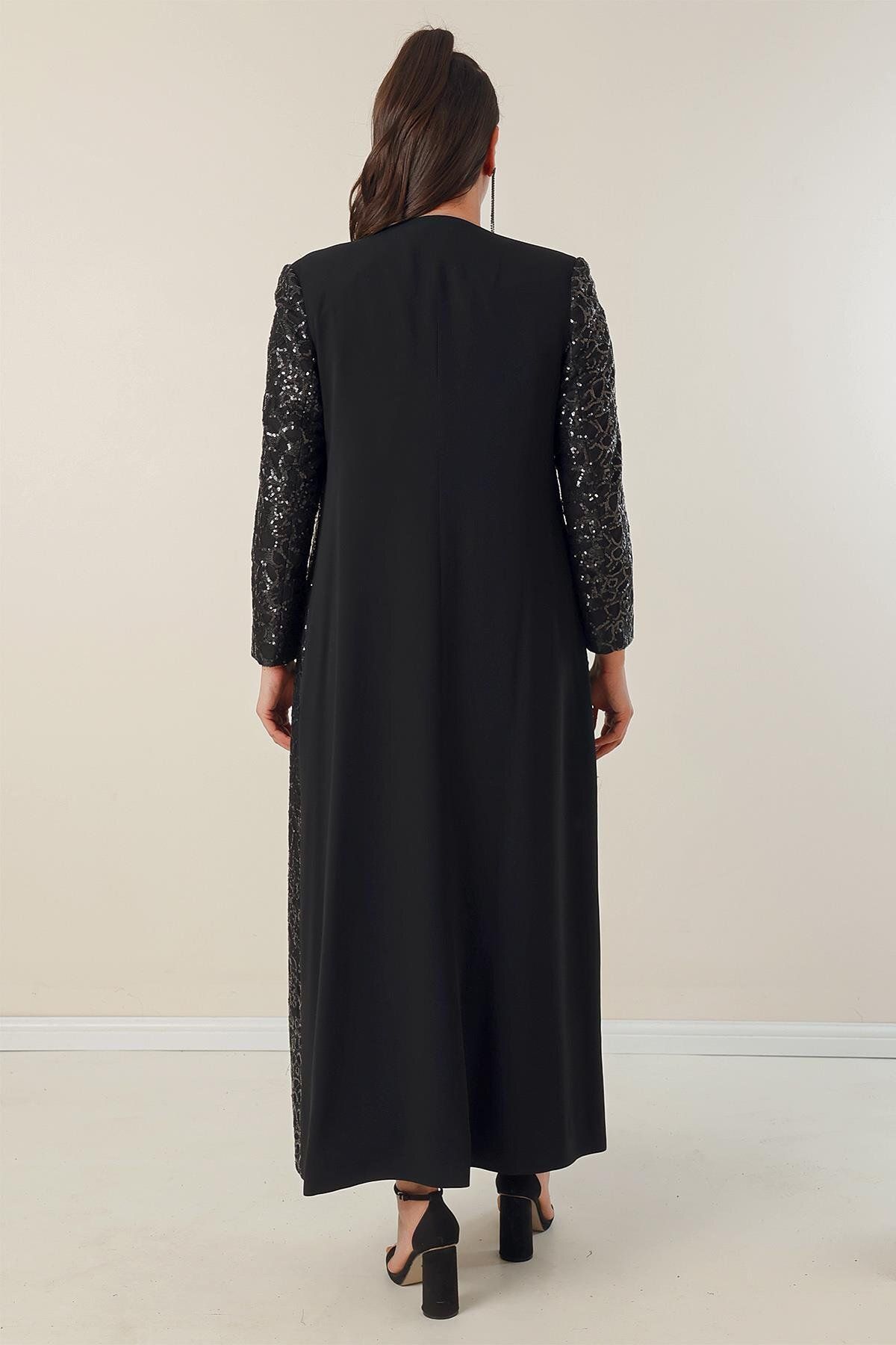 By Saygı-Half Moon Sleeve Long Crepe Dress with Sequined Kaftan Lining on the Sleeves and Front Plus Size 2-Piece Set 5