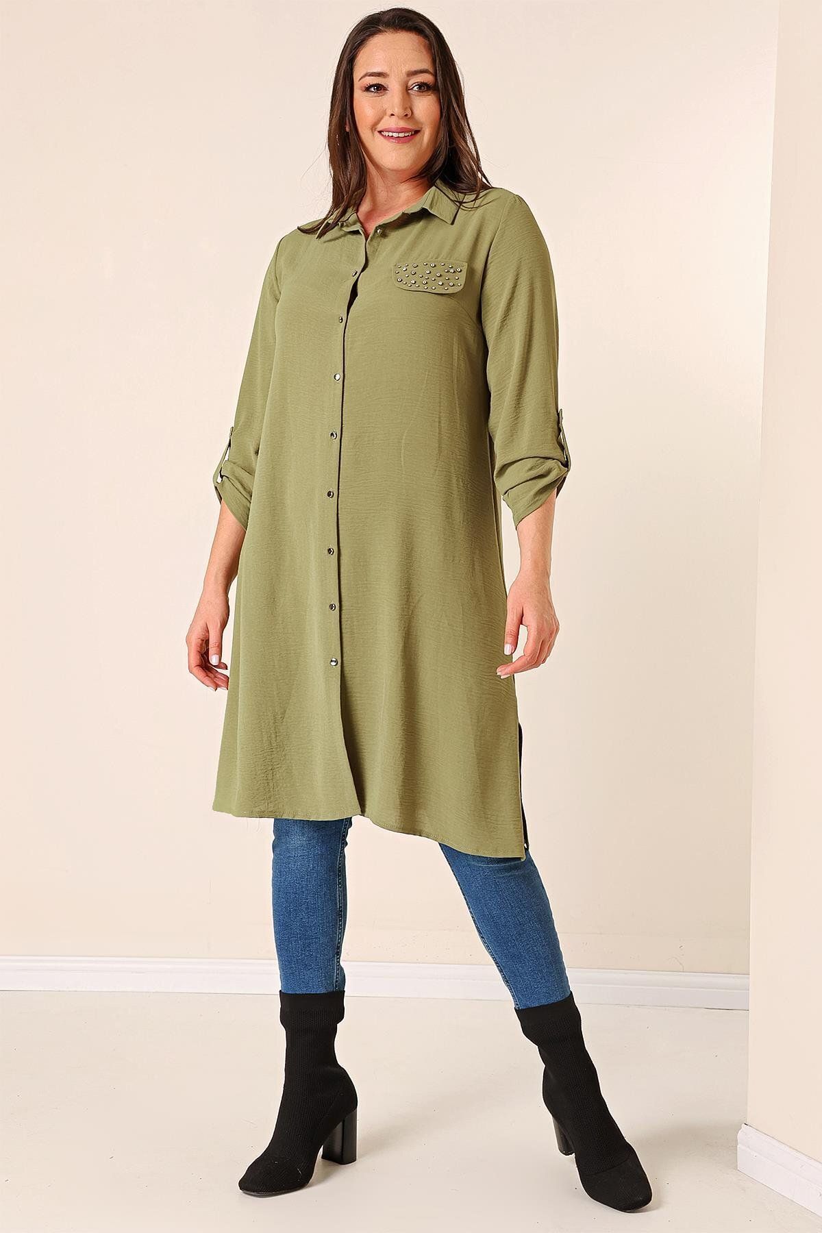 By Saygı-Buttoned Front Three-Quarter Sleeve Pearl Detailed Large Size Ayrobin Long Tunik 2