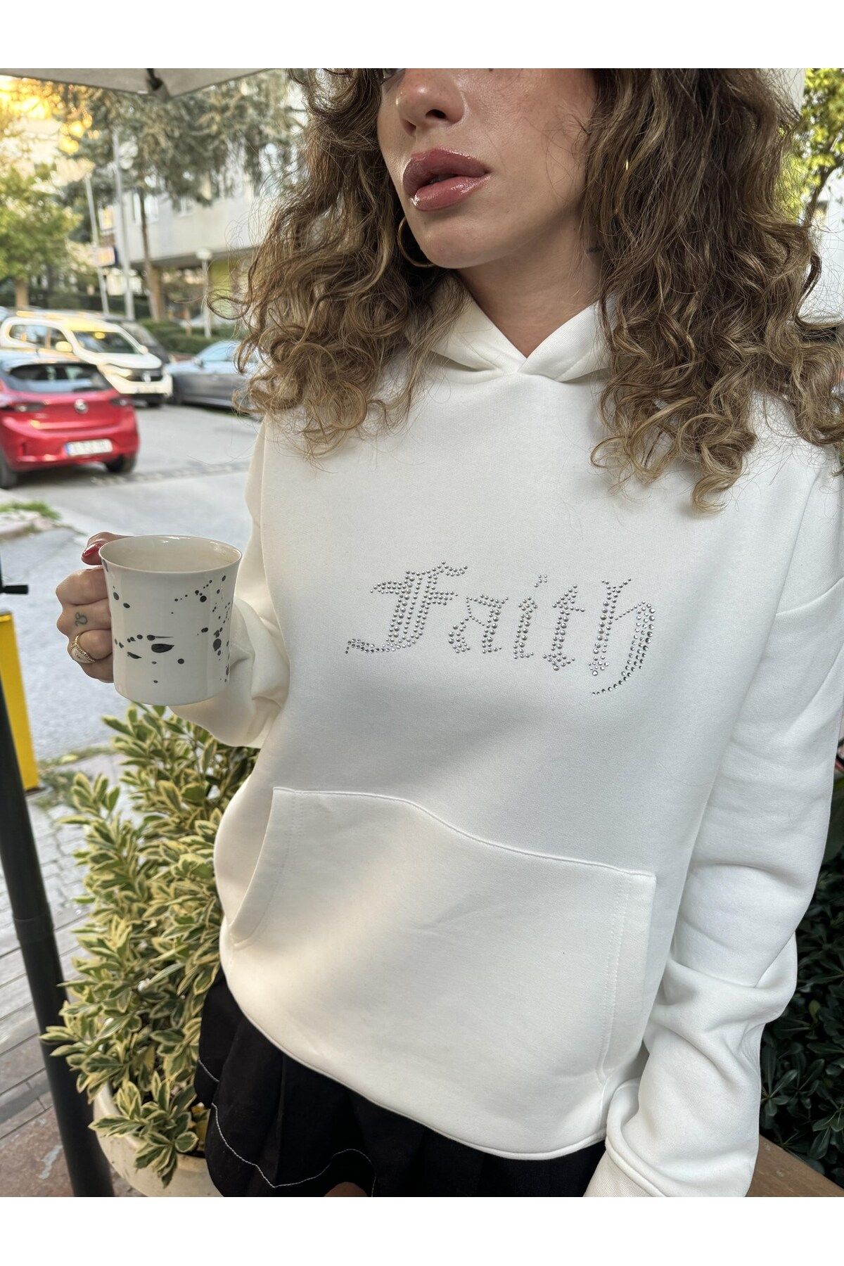 Gia-Art-Faith Written Stone Printed Hooded Fleece Inside Oversize White Sweatshirt 2