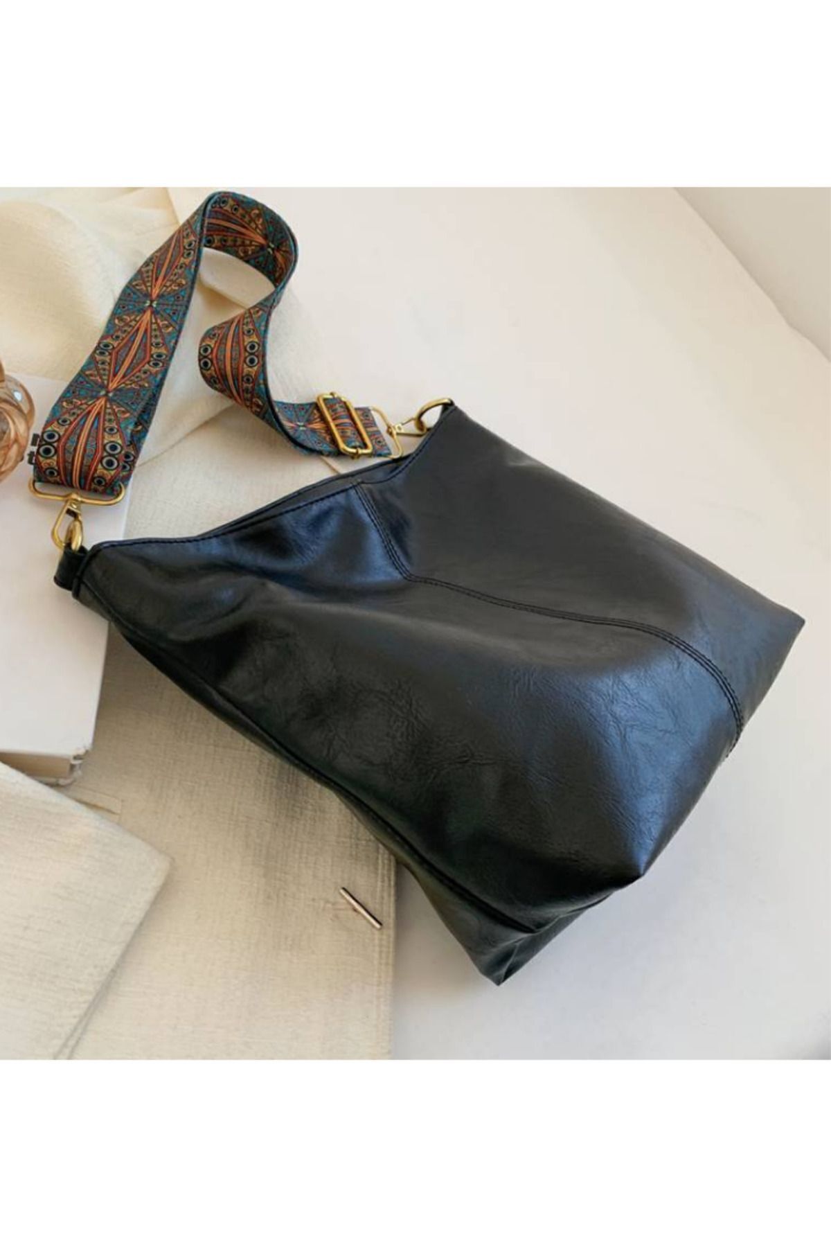 HAPBUY Kadın Lüks Siyah Omuz Çantası Desenli Askılı Fermuarlı Kaliteli Işçilik Ve Yumuşak Suni Deri fotoğrafı 4 (önizleme)