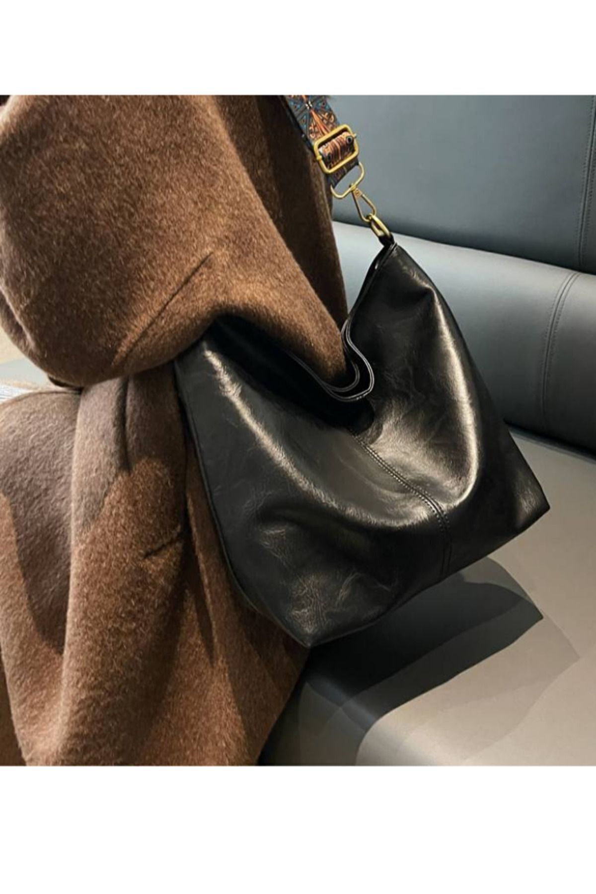 HAPBUY Kadın Lüks Siyah Omuz Çantası Desenli Askılı Fermuarlı Kaliteli Işçilik Ve Yumuşak Suni Deri fotoğrafı 2 (önizleme)