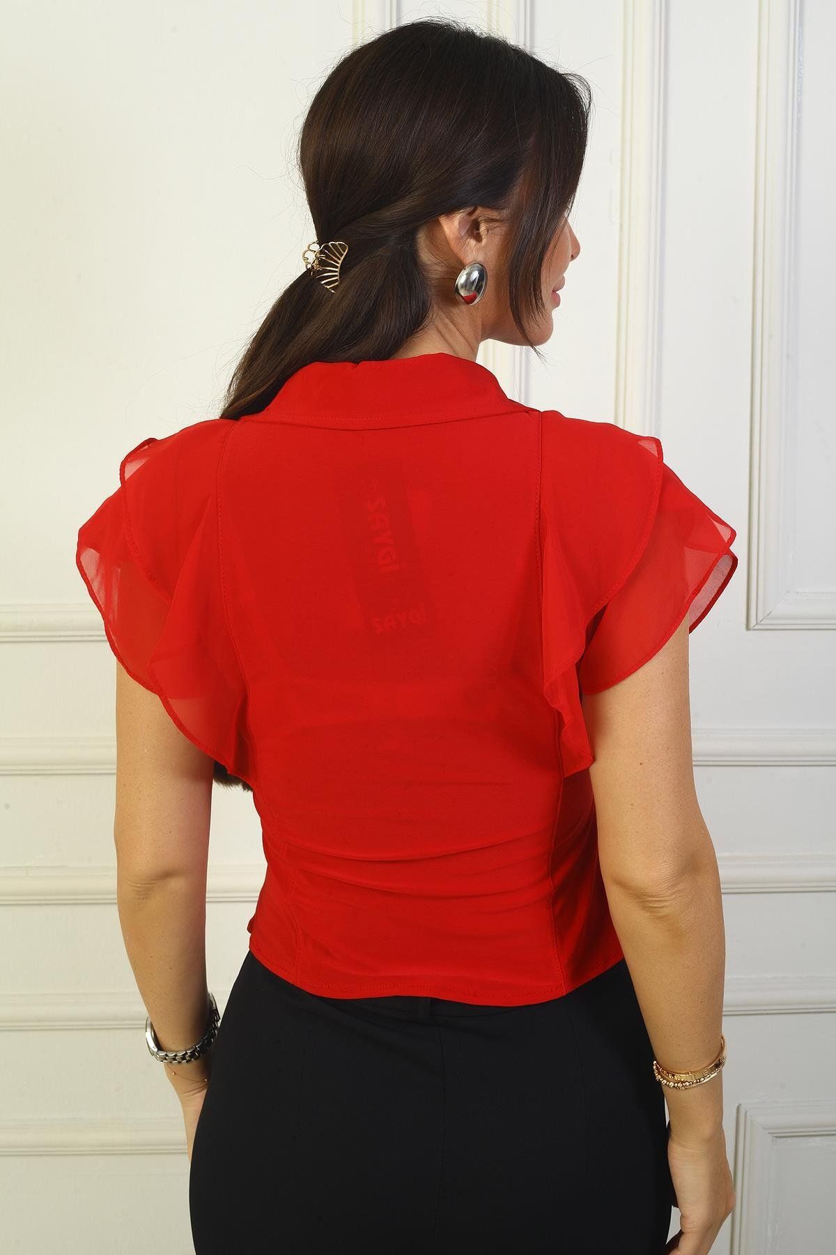 By Saygı-Double-Breasted Chiffon Blouse with Layers on the Shoulder and Buttons 4
