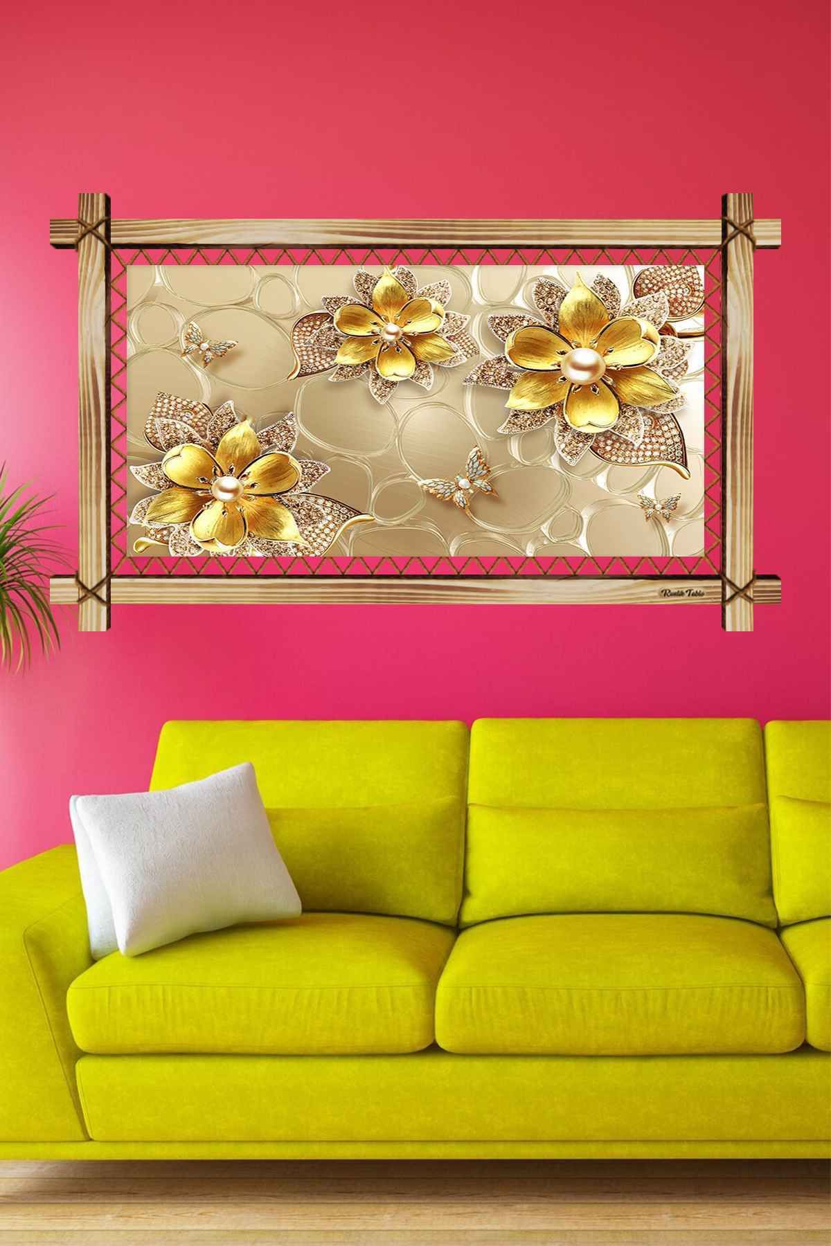First Date GOLD ÇİÇELER RUSTİK TABLO