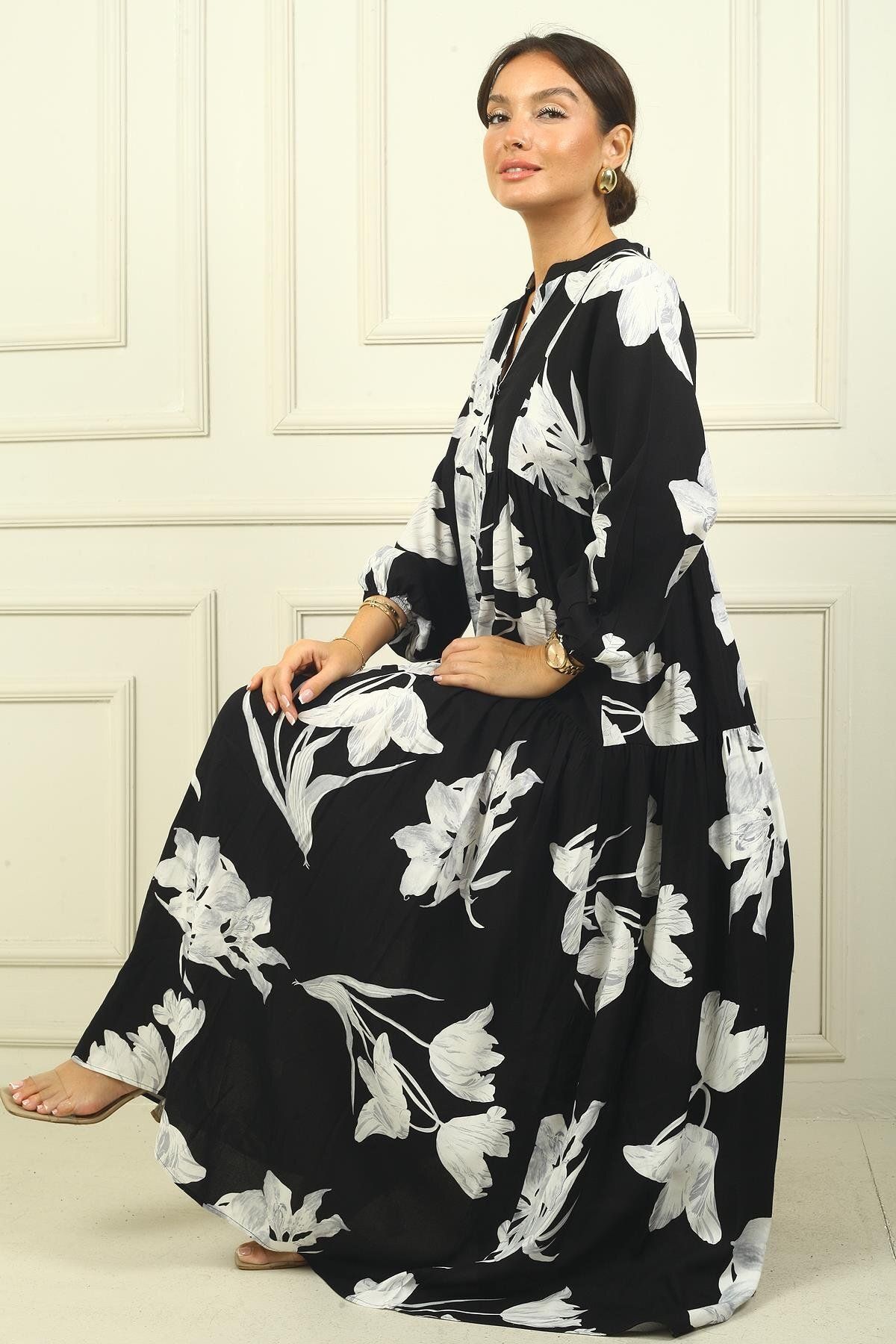 By Saygı-Half Buttoned Front Elastic Sleeve Rose Pattern Printed Hijab Long Dress 1