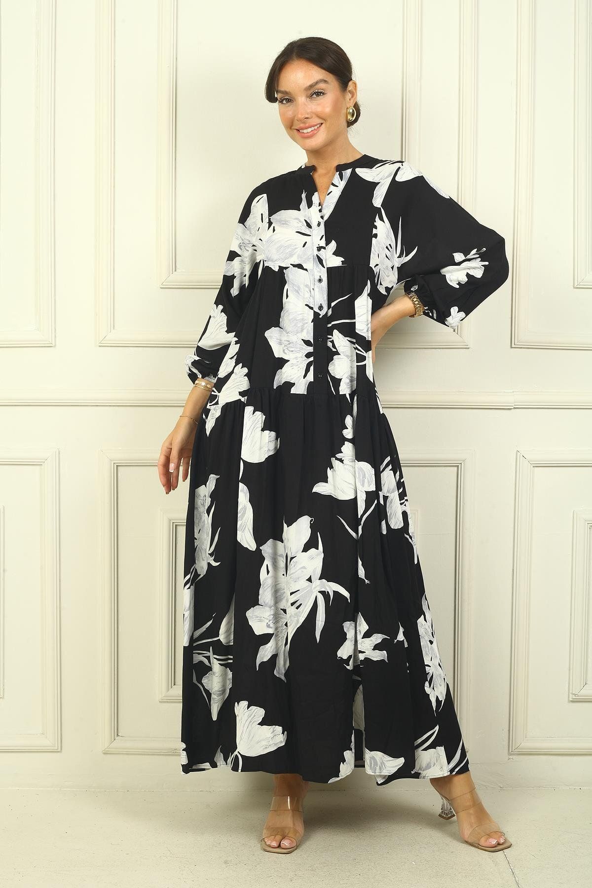 By Saygı-Half Buttoned Front Elastic Sleeve Rose Pattern Printed Hijab Long Dress 3