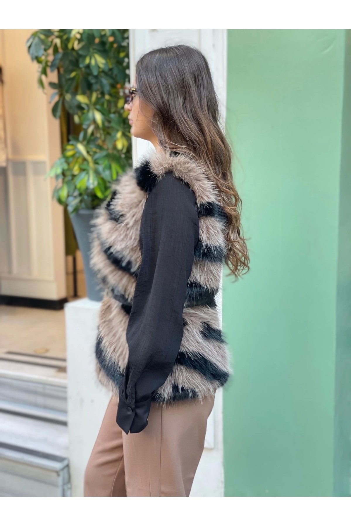 Selence-Zebra Print Fur Vest - Belt and Brown 3