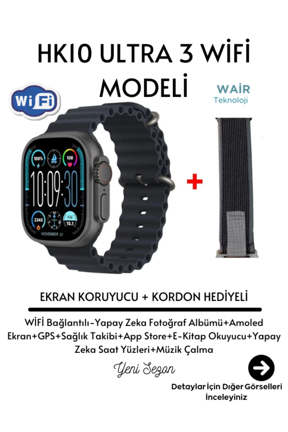 Hk10 Ultra 3 WİFİ Modeli 2.02 İnç Amoled Ekran Akıllı Saat App Store Kordon+Ekran Koruyucu Hediyeli