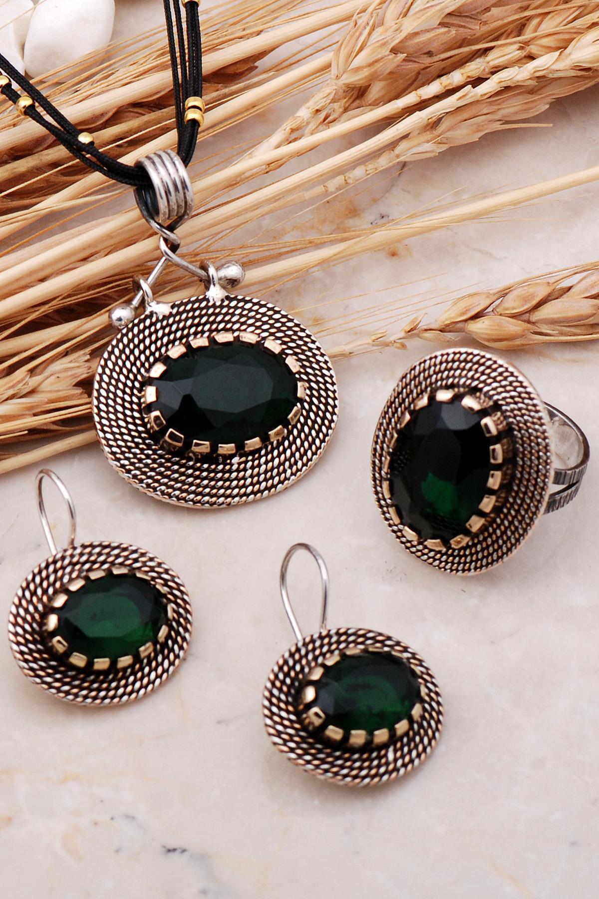 Sümer Telkari Kök Zümrüt Taşlı Tel Sarma Elişi Gümüş Set 13