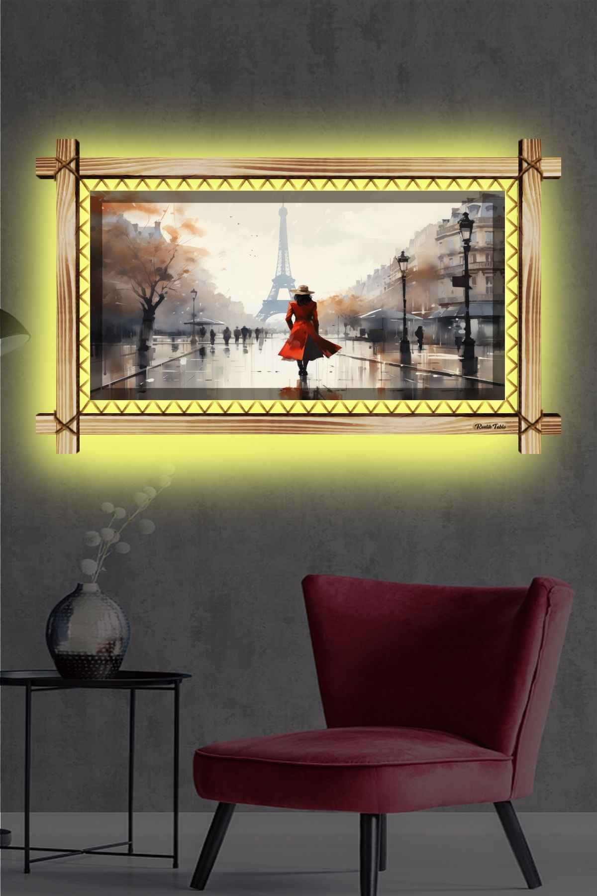 First Date SOYUT PARİS SOKAK KIRMIZILI KADIN RUSTİK LEDLİ TABLO