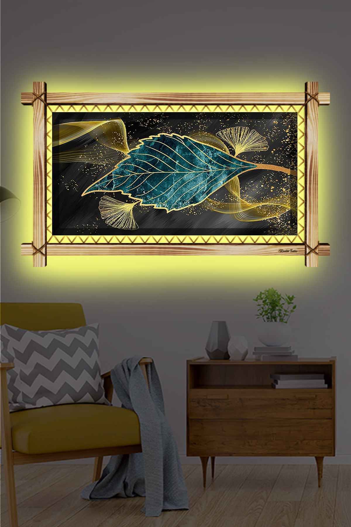 First Date MODERN DEKORAİF IŞILTILI YAPRAK RUSTİK LEDLİ TABLO