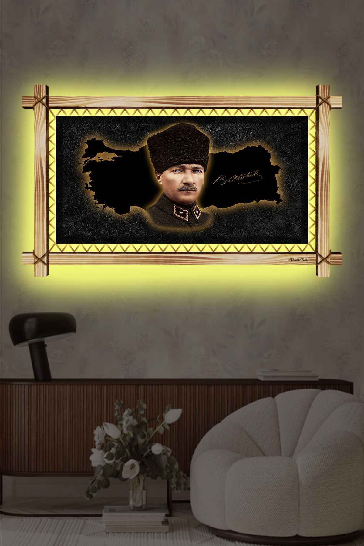 First Date YEŞİL TONLU ATATÜRK RUSTİK LEDLİ TABLO