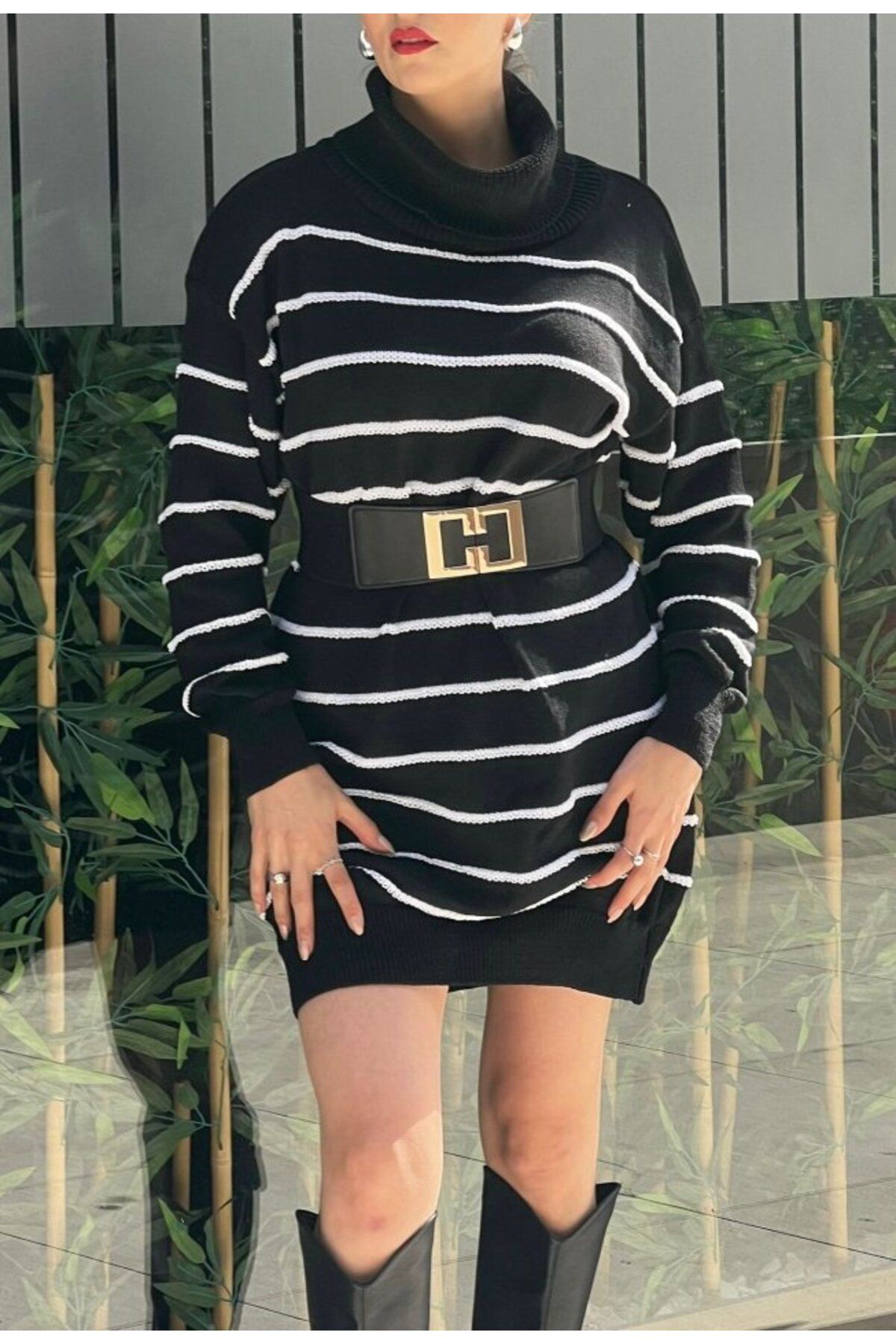 vivenza Kadın Uzun Kollu Degaje Yaka çizgili Sonya Iplik Mini Boy Triko Elbise (kemersiz)