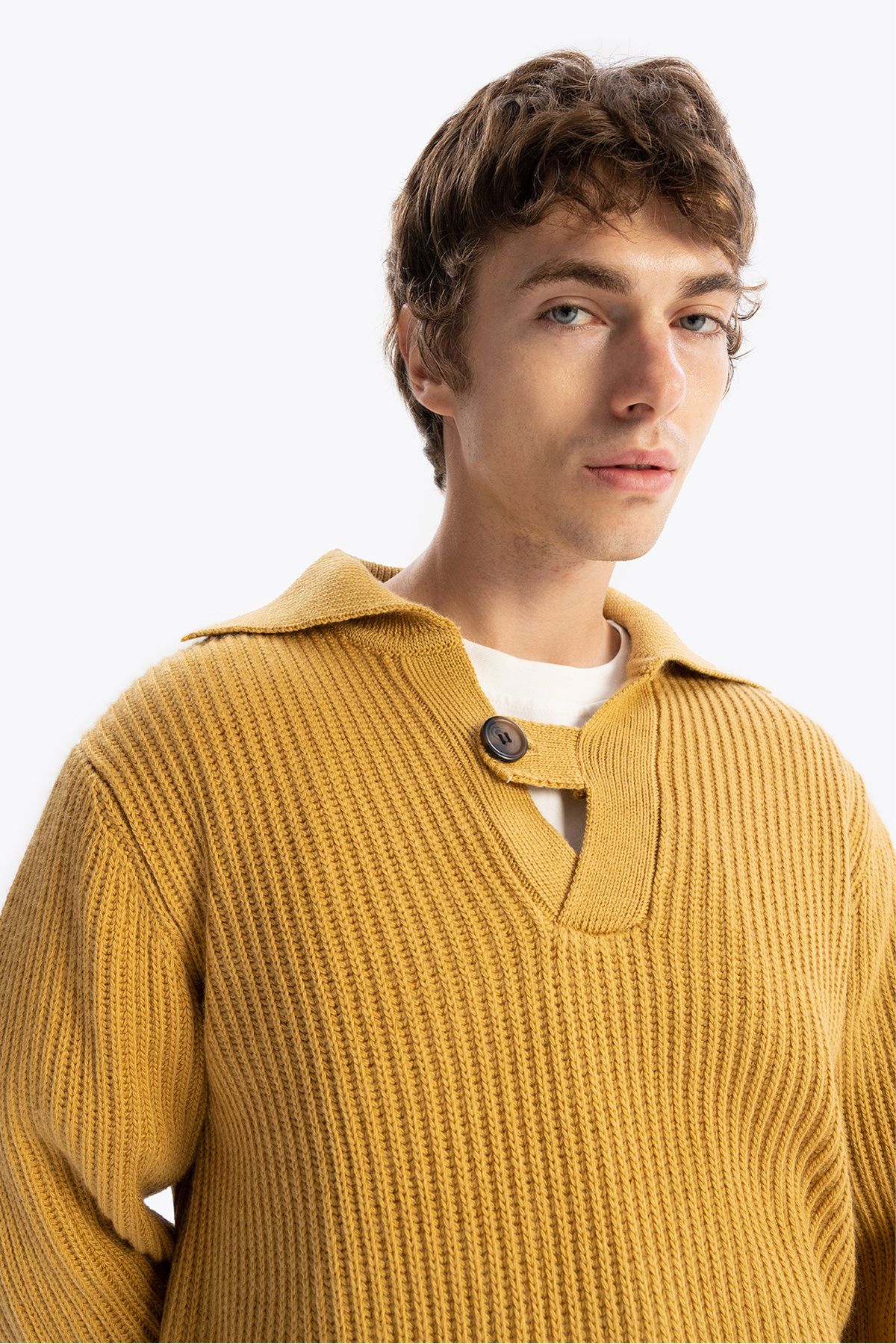 GIESTO-Mustard Buttoned Knitwear Sweater 1