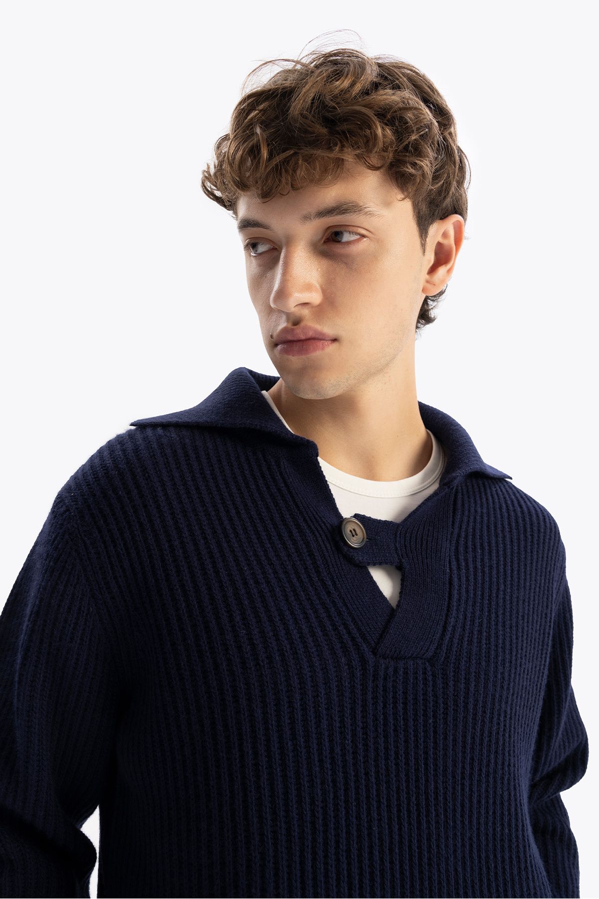 GIESTO-Navy Blue Buttoned Knitwear Sweater 1