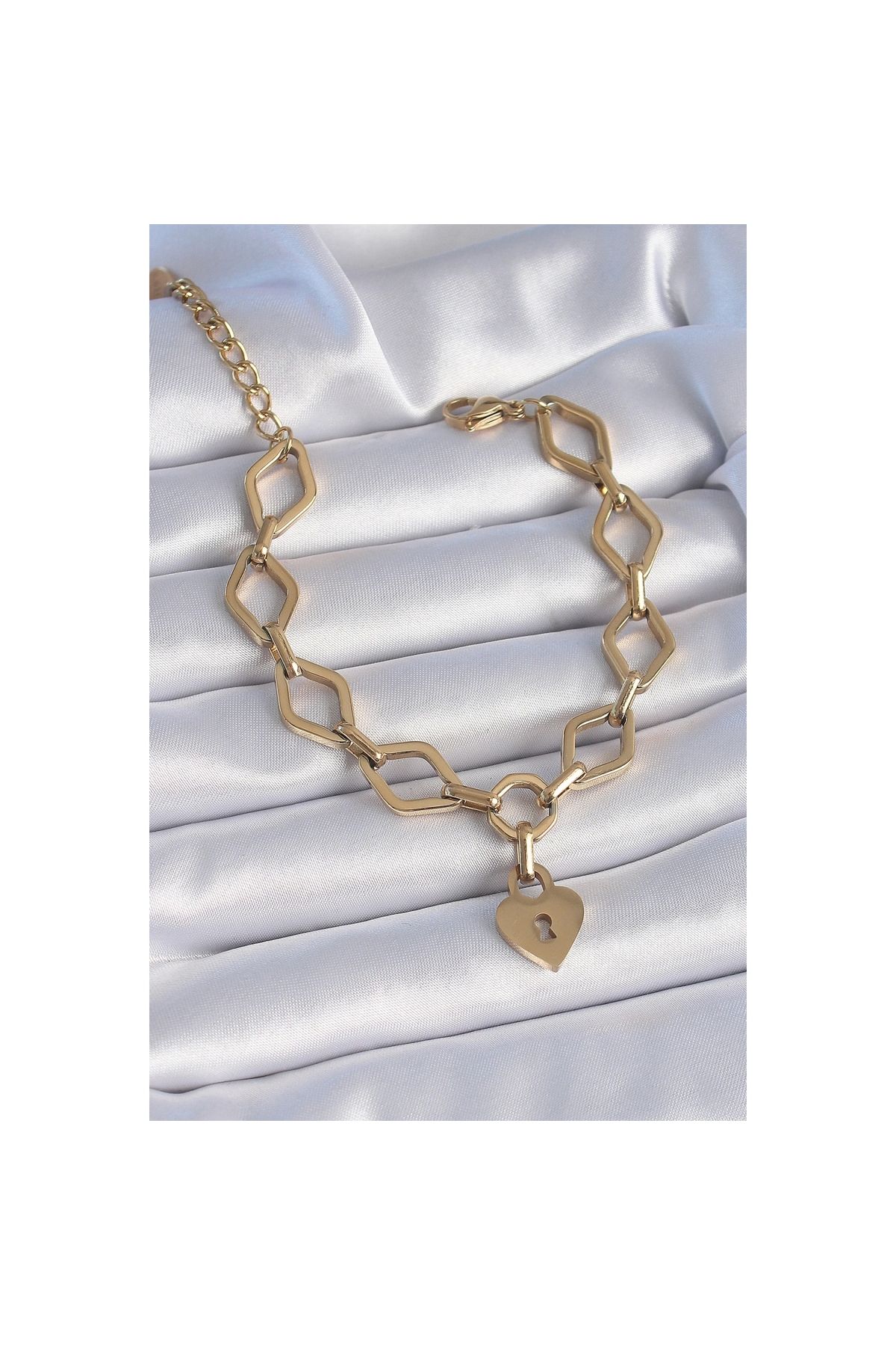 Narnuga 316L Çelik Gold Renk Zincir Model Kilit Kalp Figür Kadın Bileklik - TJ-BB6434