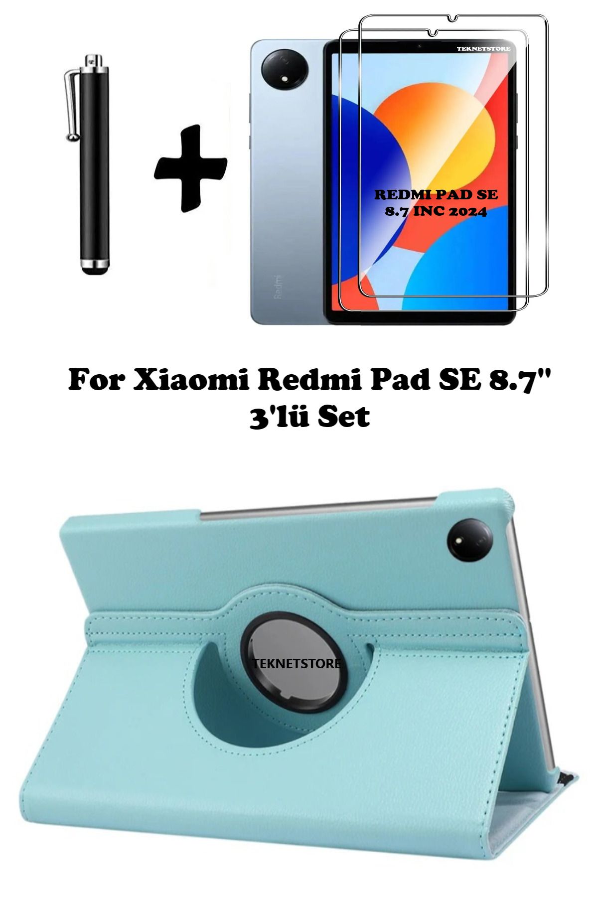 TEKNETSTORE-Xiaomi Redmi Pad Se 8.7 Inch Tablet Compatible 360 Rotary Pu Leather Case Set with Sleep Mode 1