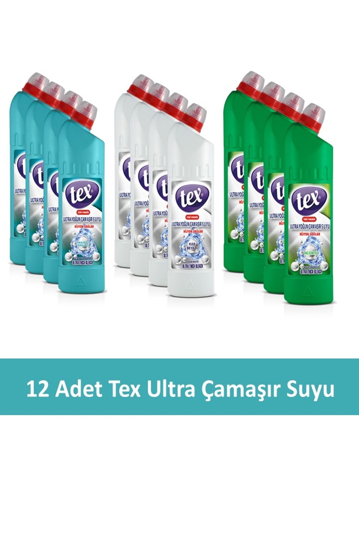 Tex Ultra Çamaşır Suyu Okaliptüs 750 Gr + Dağ Esintisi 750 Gr + Kar Beyaz 750 Gr , Toplam 12 Adet