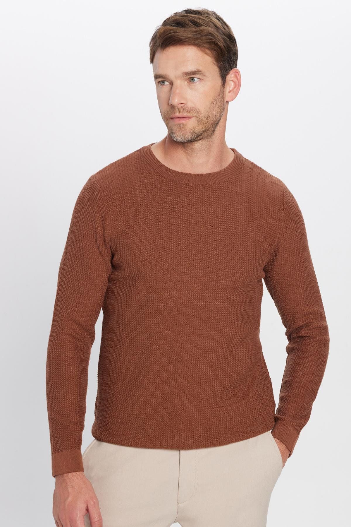 Tudors-Slim Fit Crew Neck Patterned Tan Men's Sweater 2