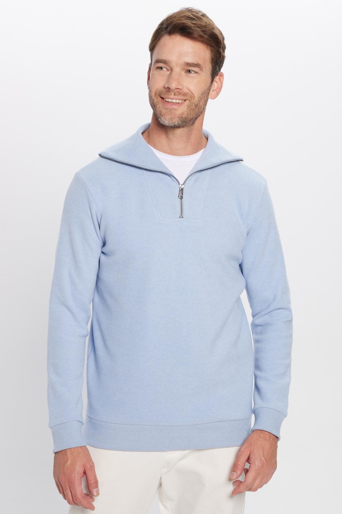 Tudors-Unisex Relax Fit Comfortable Cut Ribbed Patterned Cotton Half Zipper Blue Stand Collar Sweatshirt 3