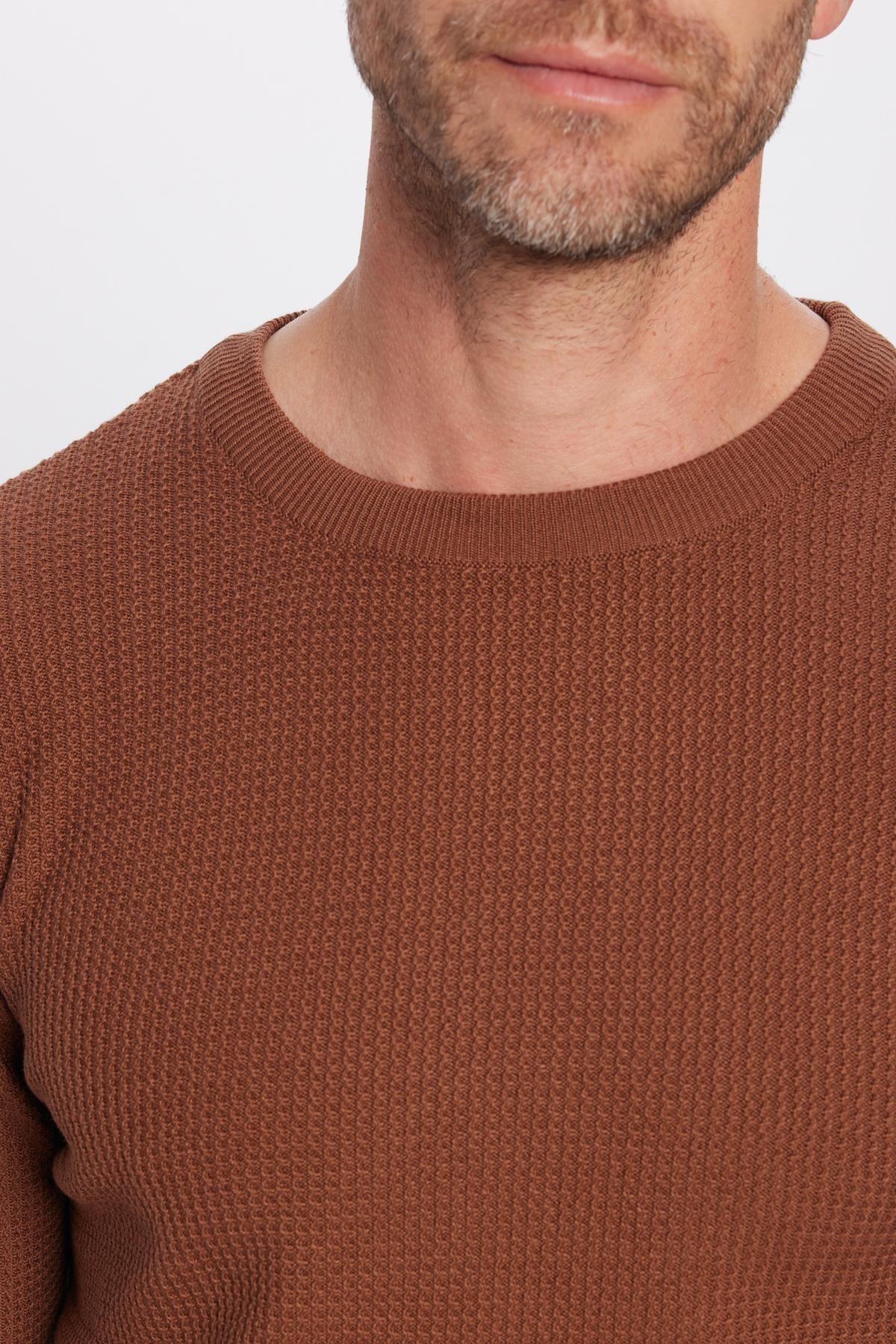 Tudors-Slim Fit Crew Neck Patterned Tan Men's Sweater 4