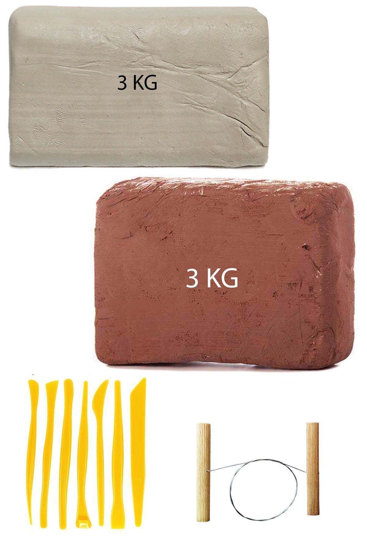 ACUTO Kahve Çamur 3 Kg Kırmızı Kil Seramik Hamuru Beyaz Kil 3 Kg Plastik Ebeşuar Seti Çamur Kesme Teli