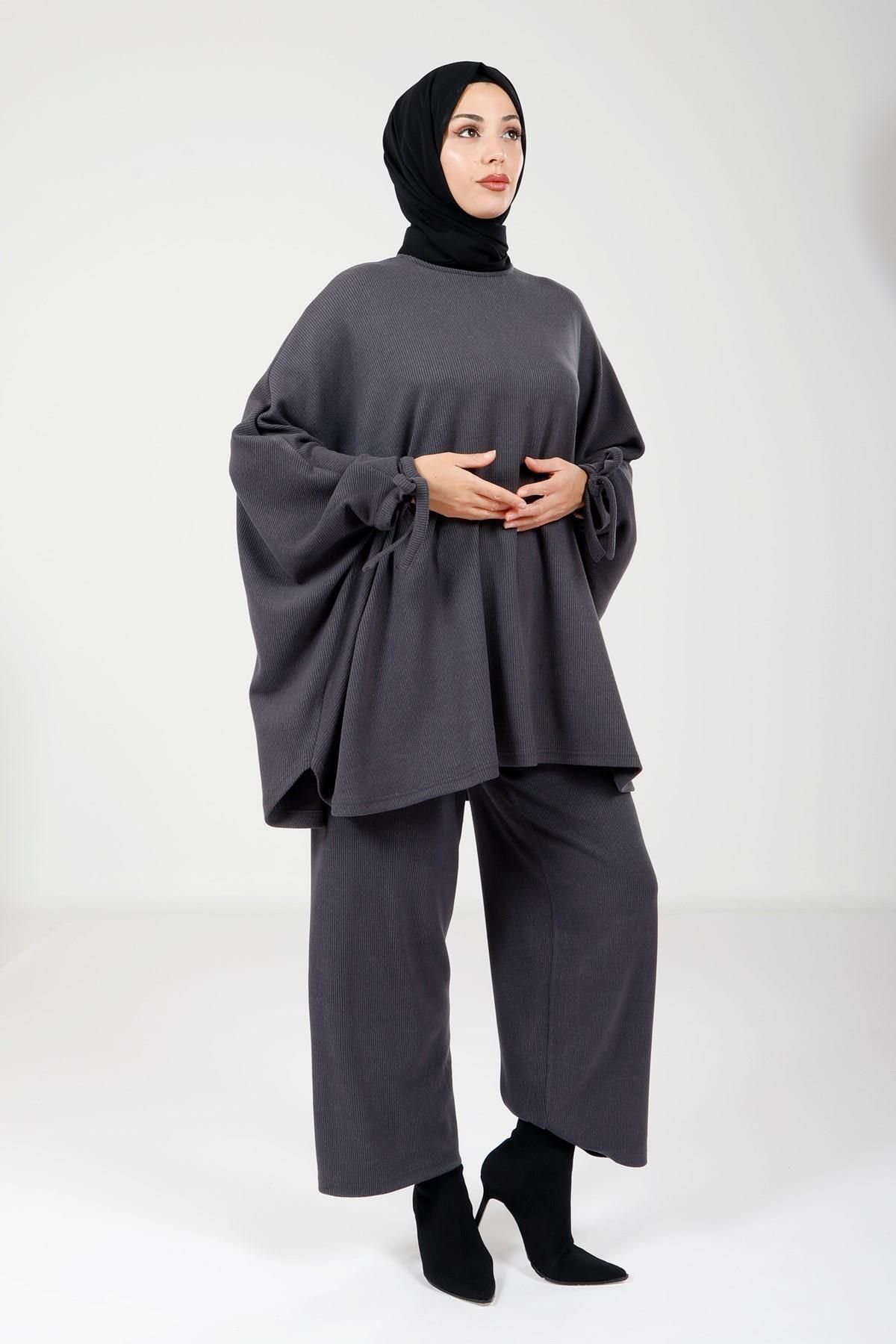 پانچو پوشیده زنانه شلوار پونچو GREY HIJAB 9112 Beyza