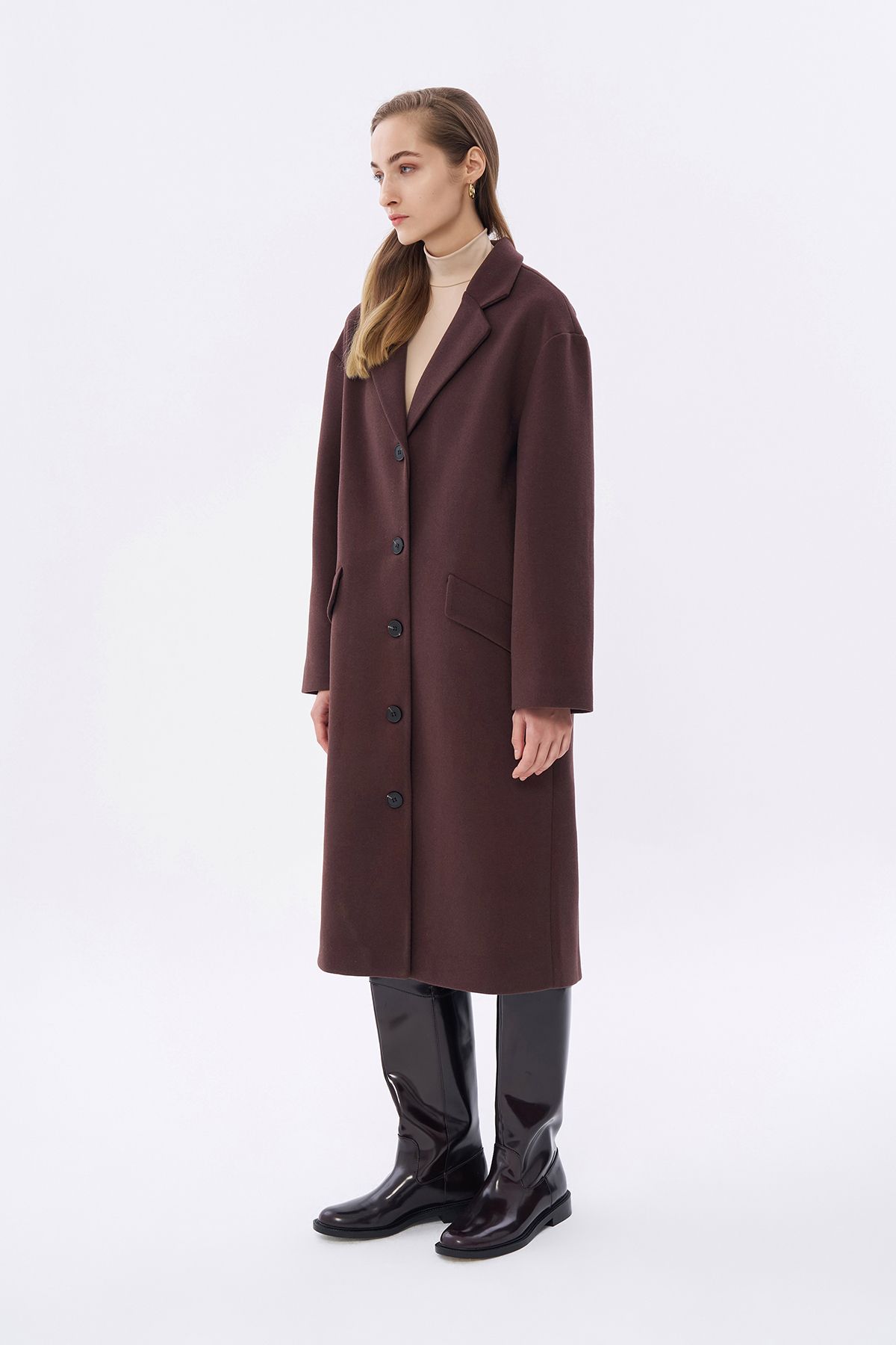 Quzu-Double Breasted Collar Buttoned Long Coat Brown 4