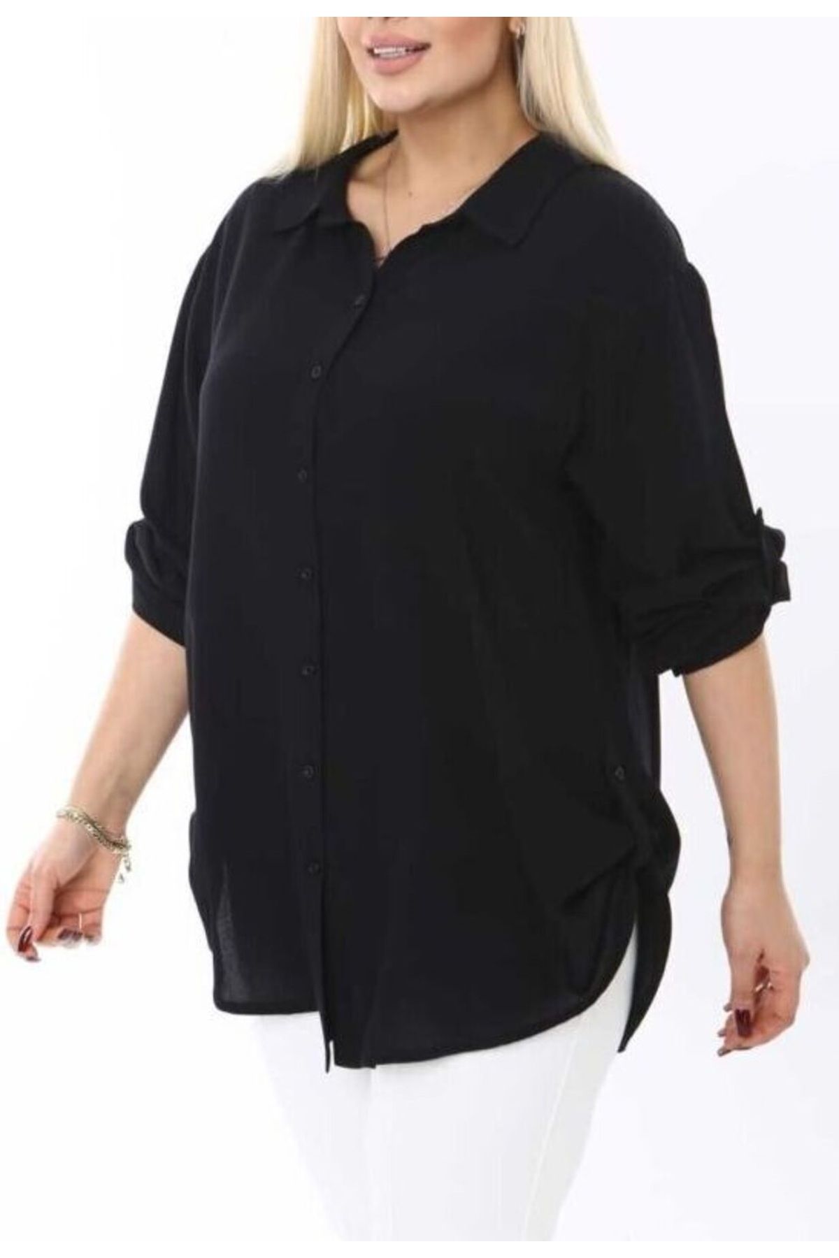 FOR ESRA BIG TREND Women's Plus Size Sleeve and Side Fold Woven Viscose ...