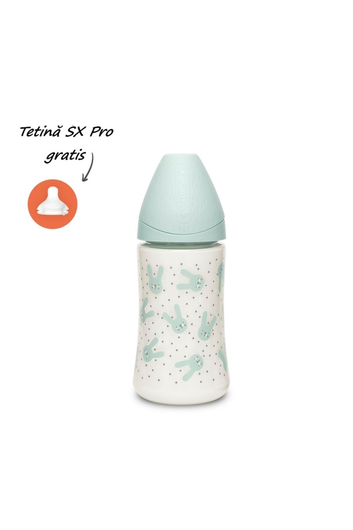Suavinex Biberon 270 Ml Cu Tetin? Rotund? Din Silicon, 3 Fluxuri, Iepura? Verde Hygge Suavinex - Mărime unică