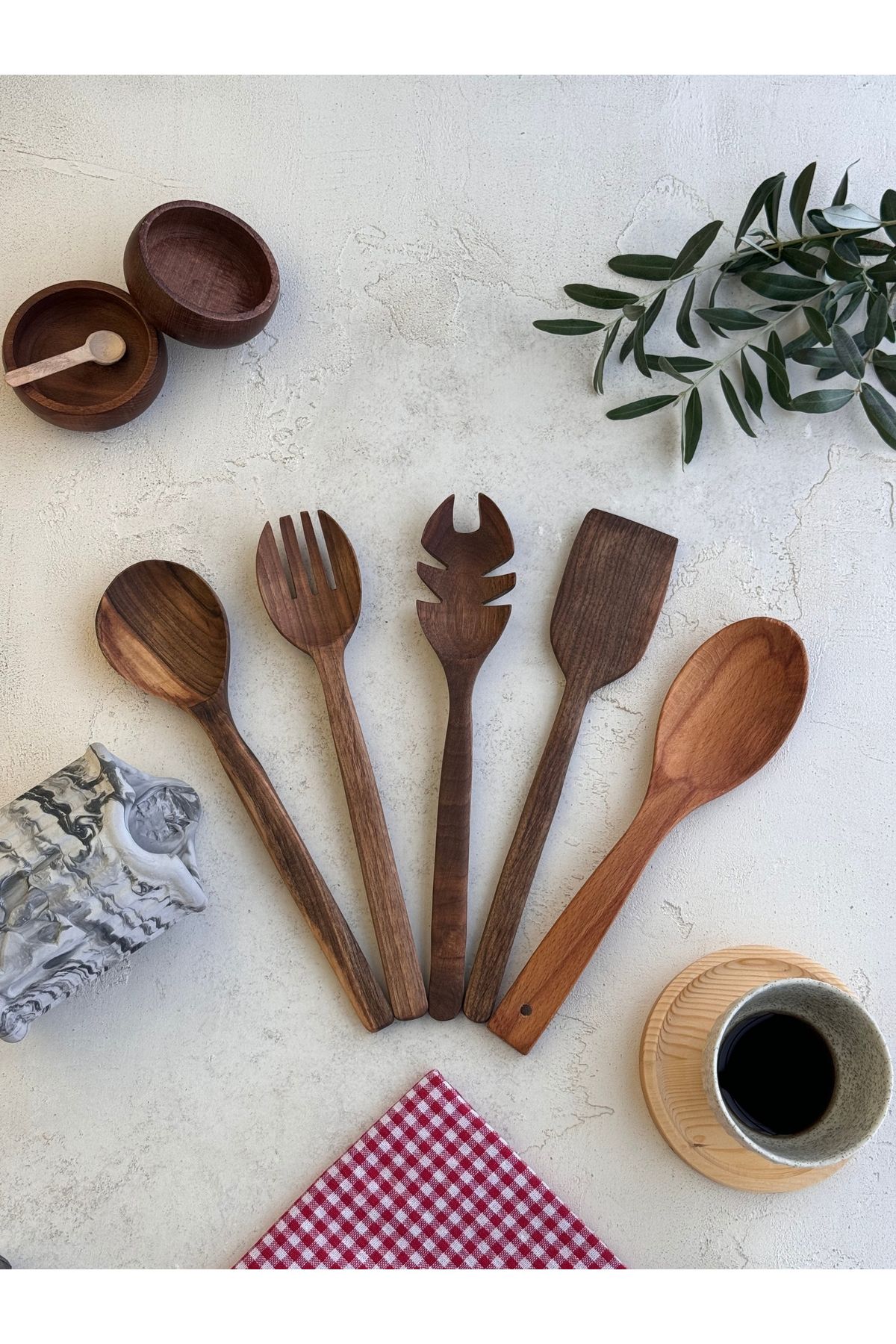 Serengeti-Walnut Wood Handmade Spoon Set Wooden Natural Spoons and Decorative Countertop Spoon Holder 1