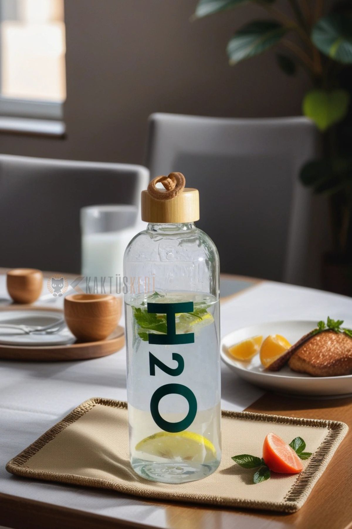 KaktüsKedi-Borosilicate Glass Flask with Bamboo Lid 800 ml 4