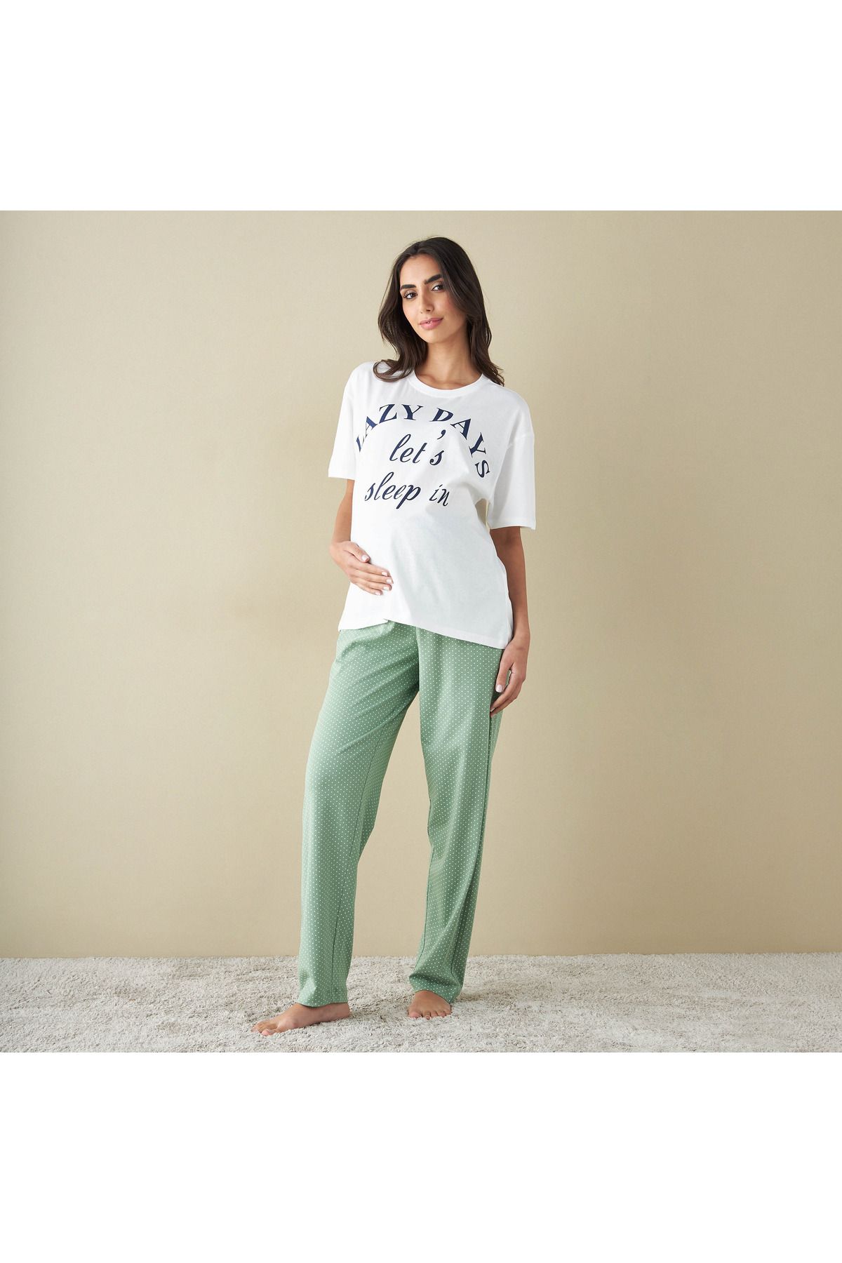 FAV-Slogan Print Maternity T-shirt and Pyjama Set 1