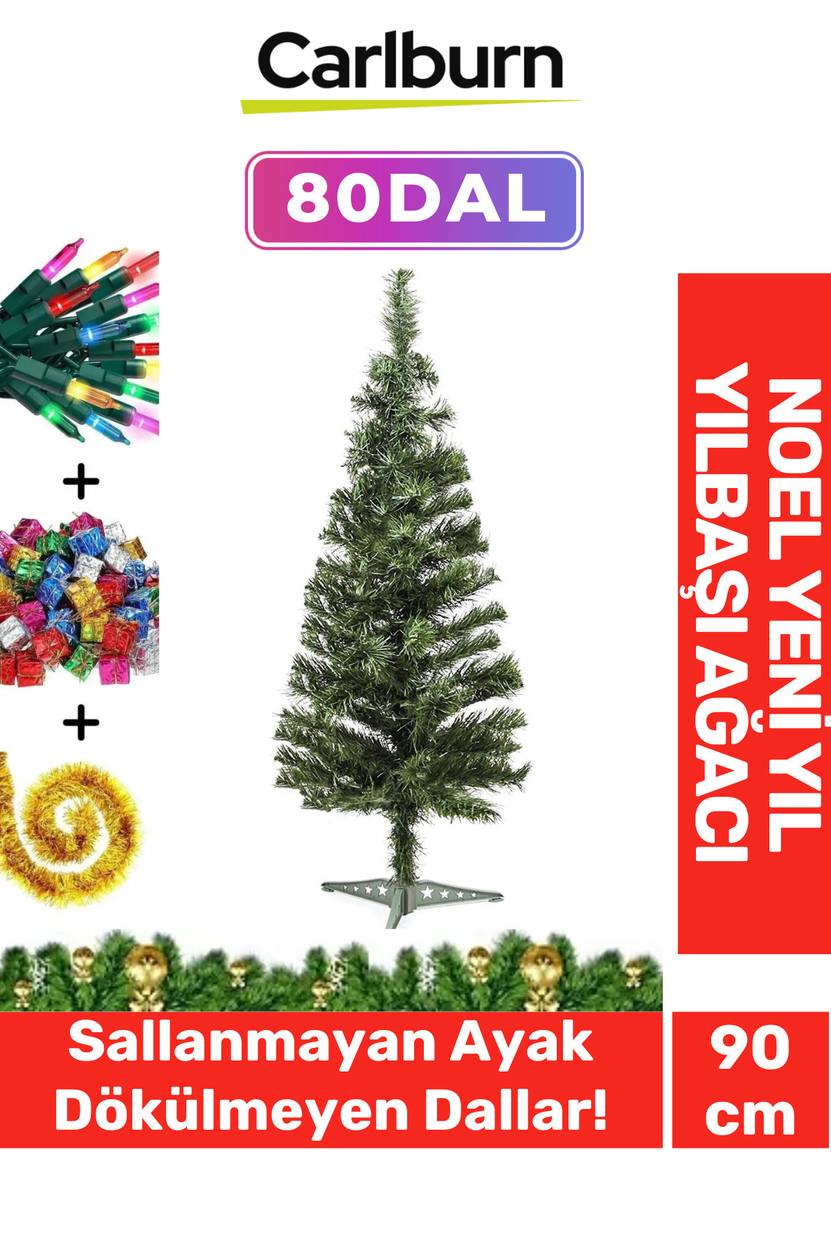 Carlburn Kutulu Süsleme Seti Yılbaşı Çam Ağacı Renkli Işığı Yeni Yıl 2025 Süsleri Noel Paketi 90 Cm 80 Dal