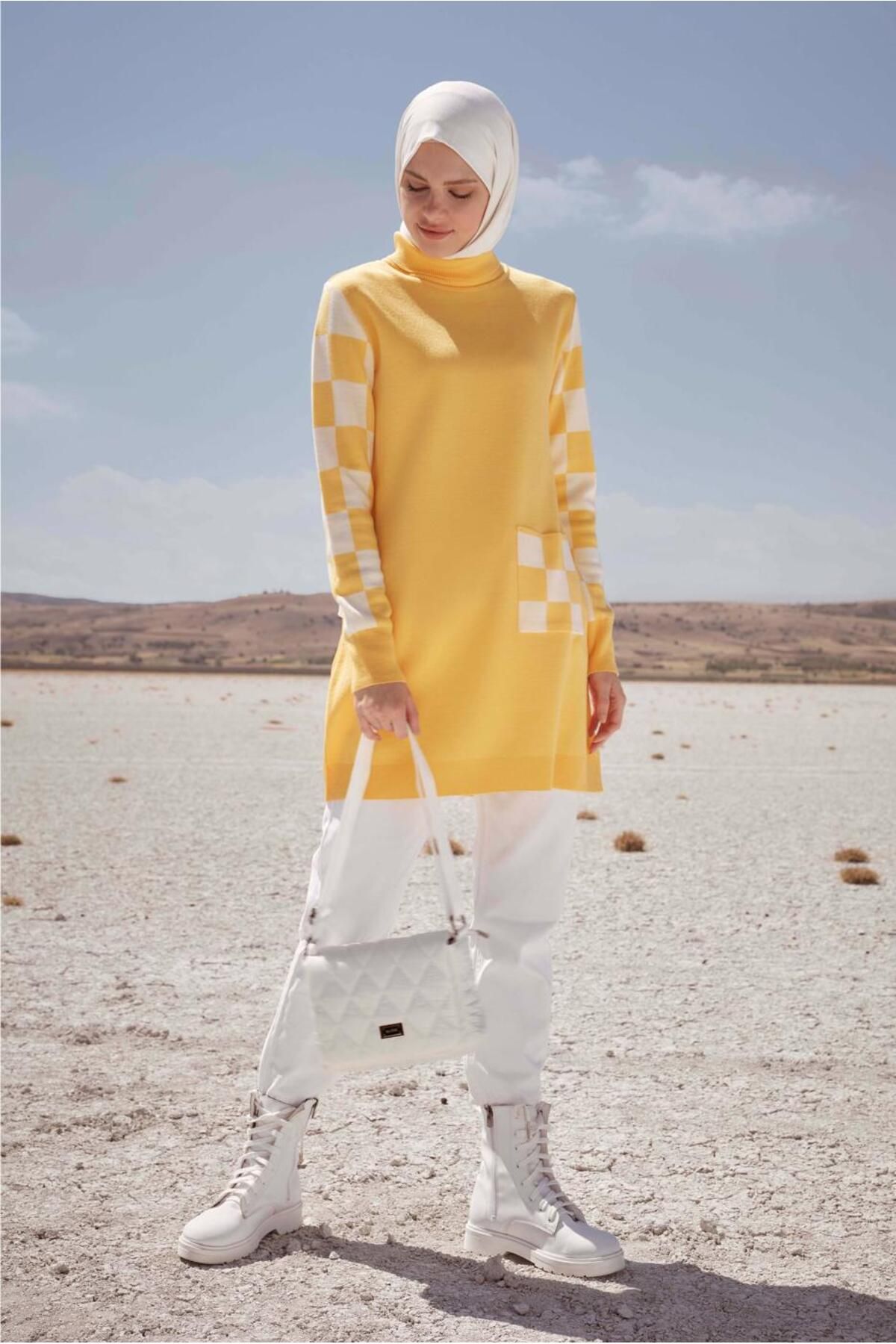 تونیک پوشیده زرد زنانه جیب با طرح مربع TRIKO TUNIC 42022 آلوینا Alvina