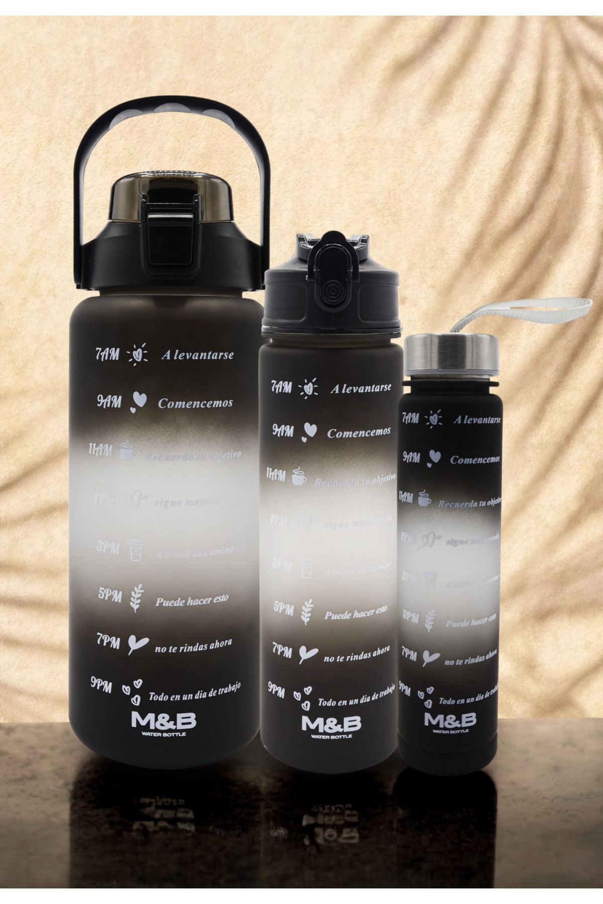 M&B WATER BOTTLE 3lü Motivasyonel Set, Bpa Içermez Motivasyonel Su Matarası Siyah Su Matarası,su Şişesi,suluk