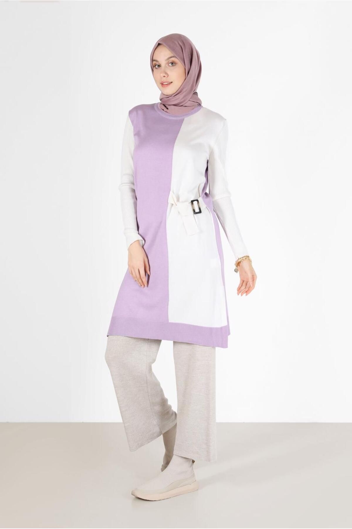 تونیک بافتنی 2 رنگی کمربند 42105 Alvina