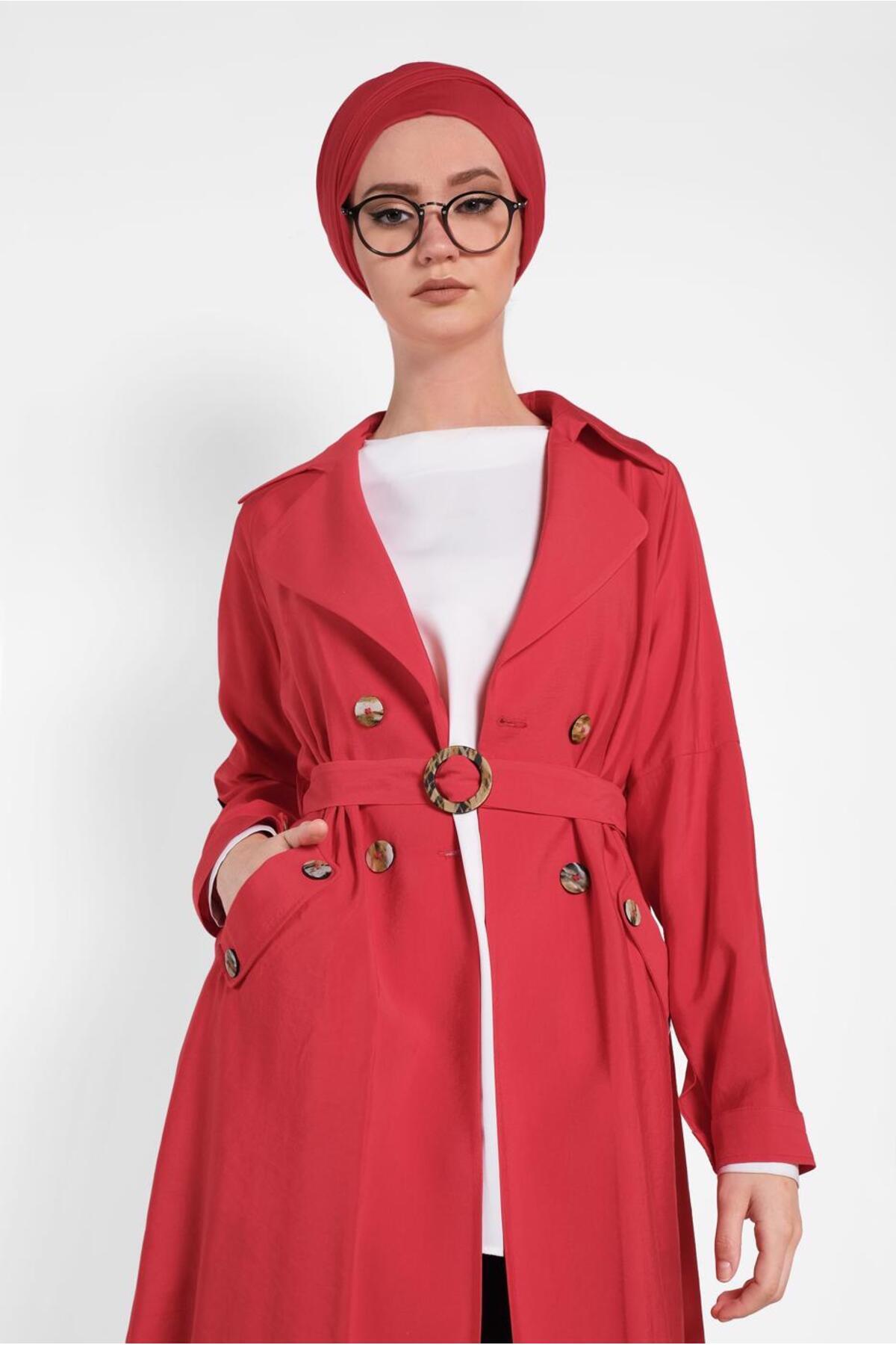 کت ترنچ جیب‌دار دکمه‌دار قرمز زنانه ۴۰۵۷ TRENDTESETTÜR