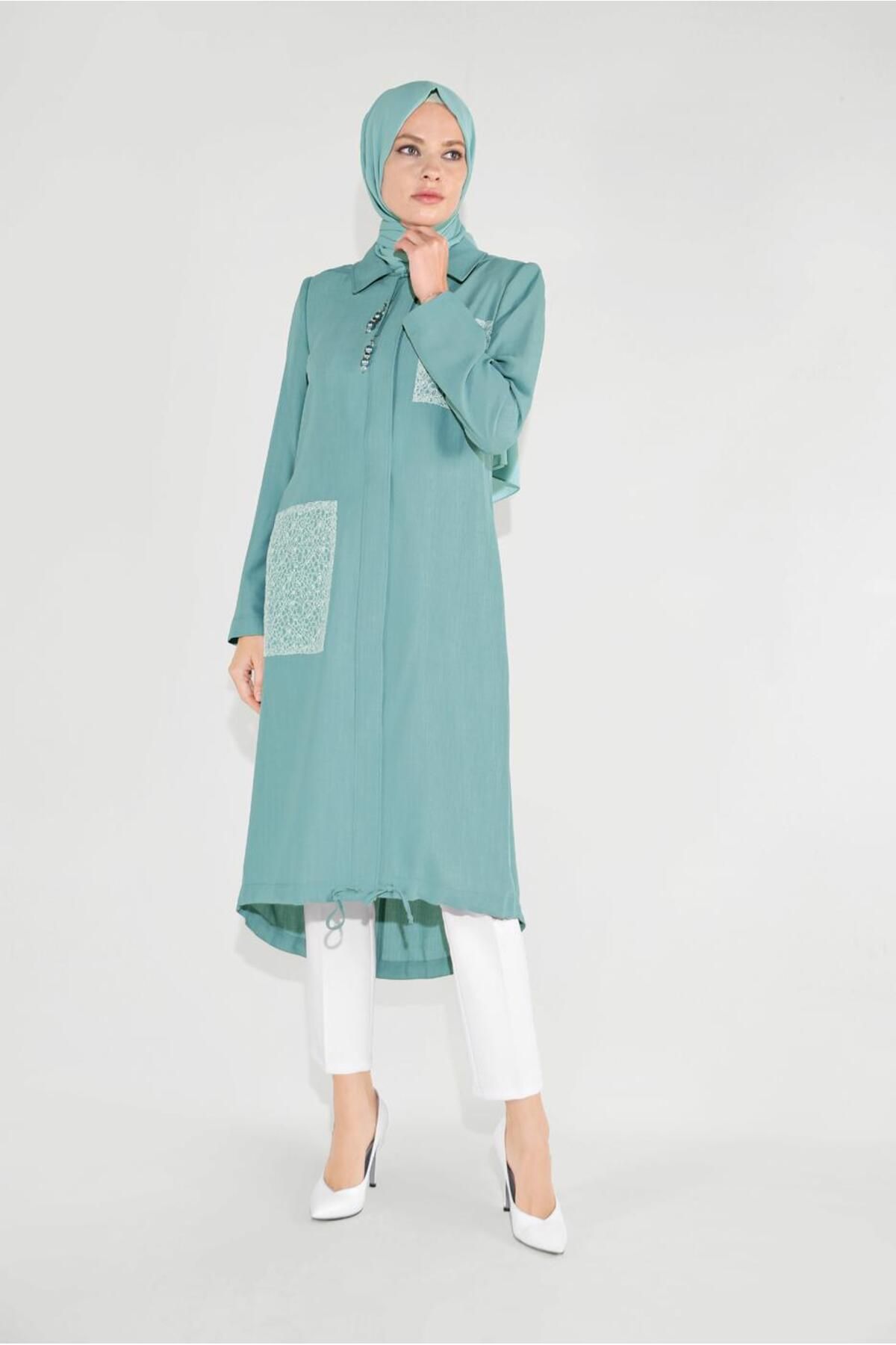 TRENDTESETTÜR-Women's Green (MINT) Embroidered Hooded Trench Coat with Pockets 10194 1