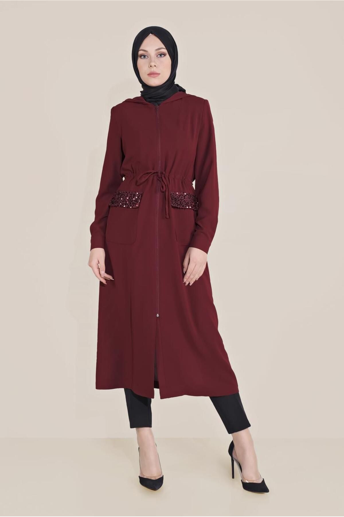 TRENDTESETTÜR-Women's Burgundy Pockets Sequined Waist Lace-up Trench Coat 10227 1