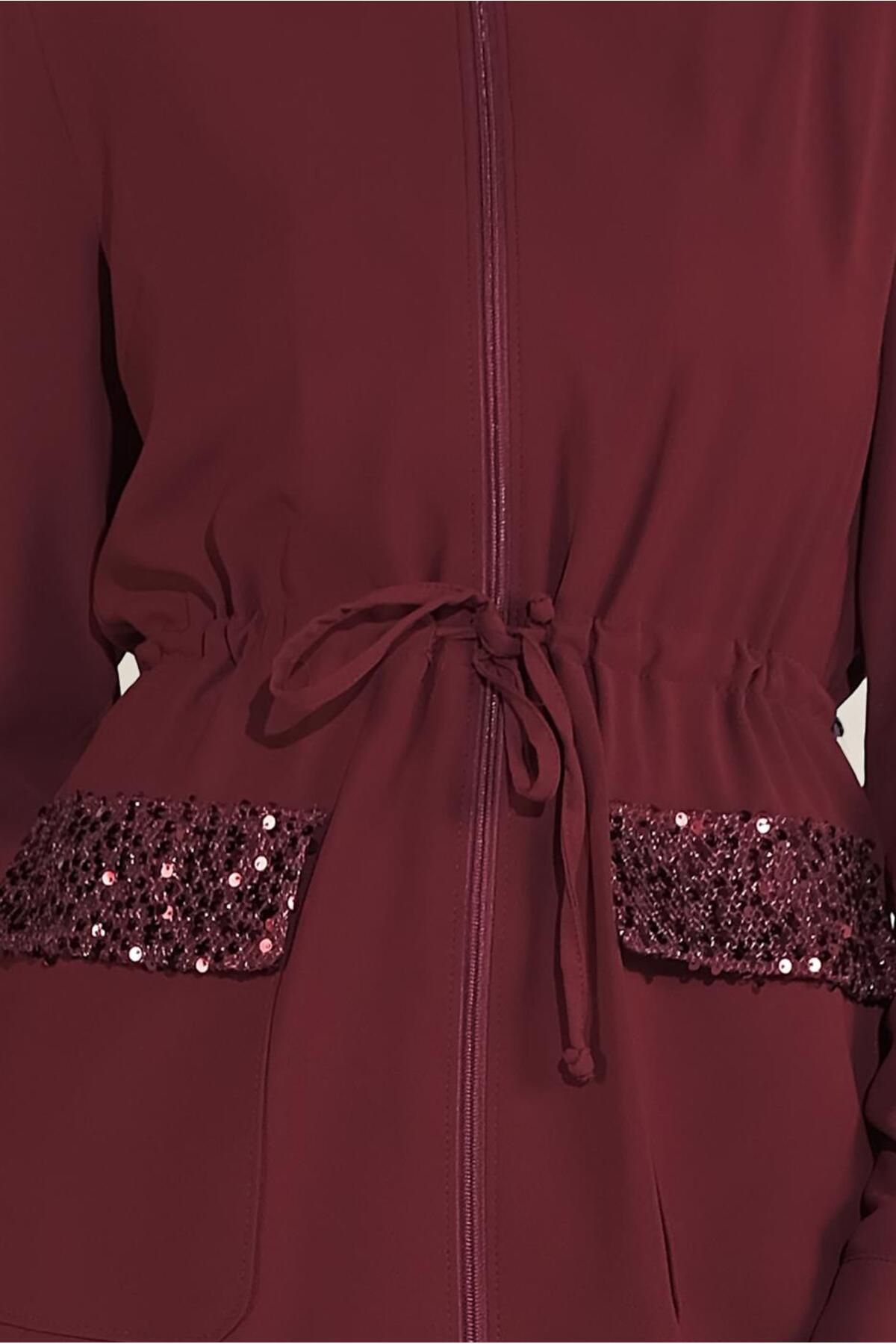 TRENDTESETTÜR-Women's Burgundy Pockets Sequined Waist Lace-up Trench Coat 10227 4