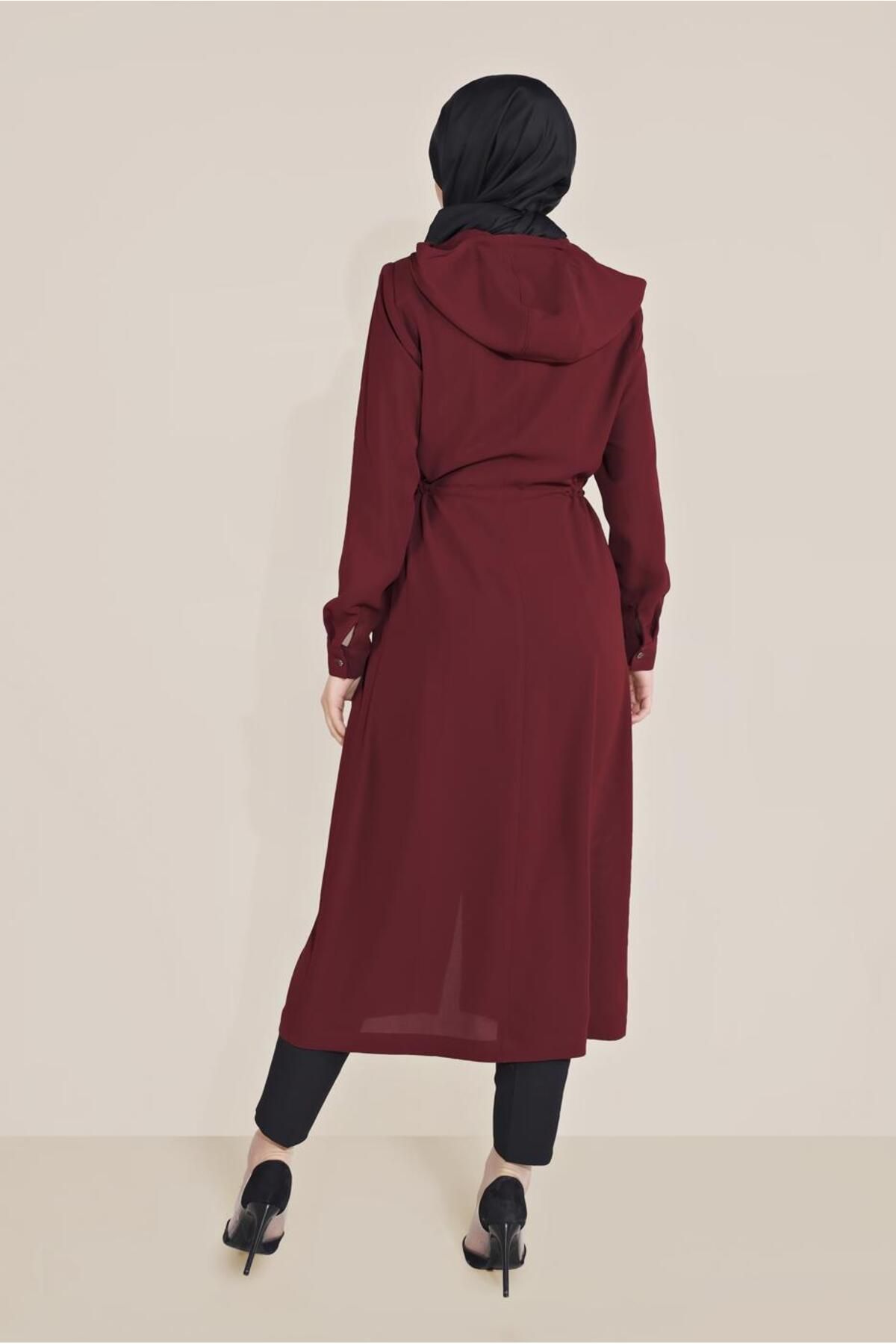 TRENDTESETTÜR-Women's Burgundy Pockets Sequined Waist Lace-up Trench Coat 10227 3