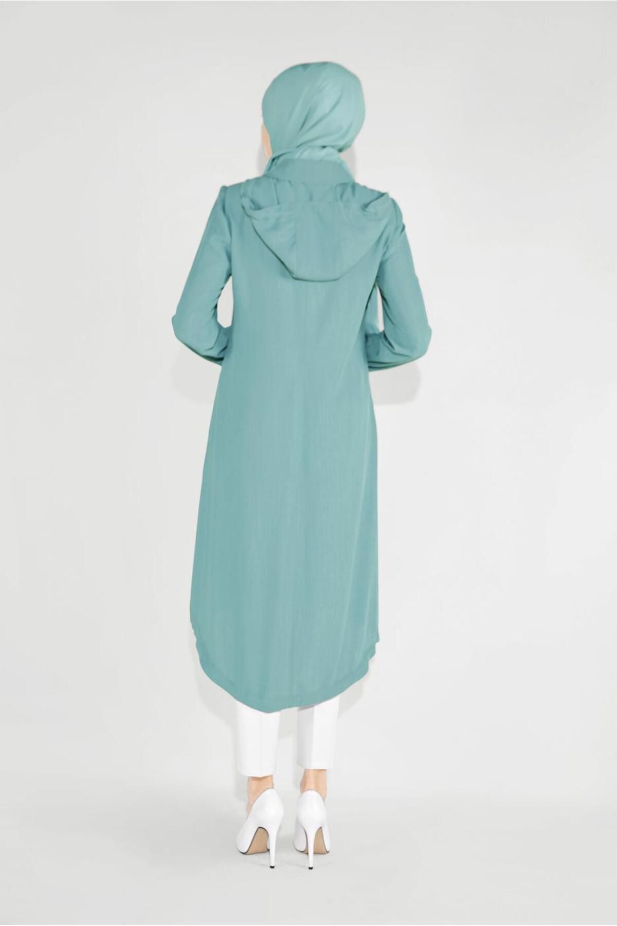 TRENDTESETTÜR-Women's Green (MINT) Embroidered Hooded Trench Coat with Pockets 10194 3