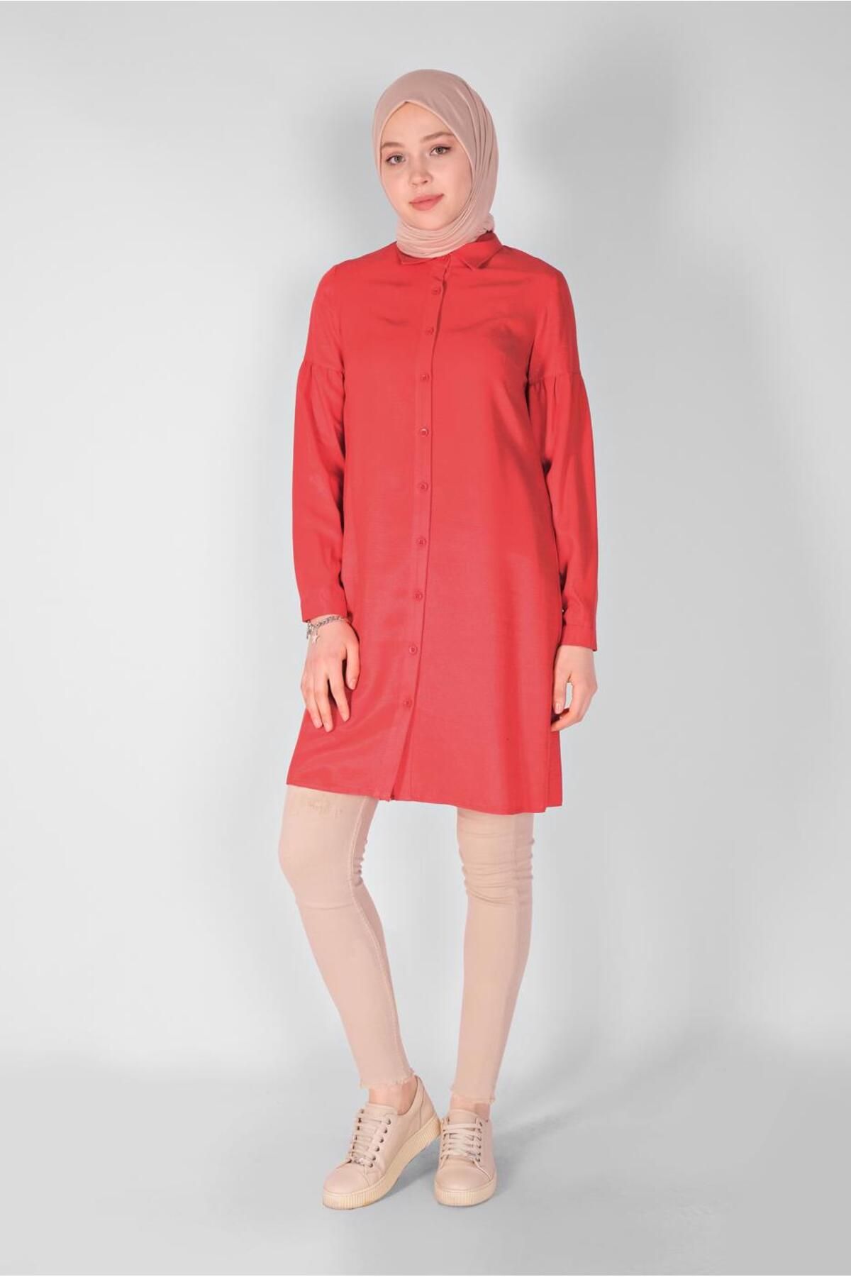 TRENDTESETTÜR-Women's Red (POMEGRANATE) Front Buttoned Men's Collar Tunic 4065 1