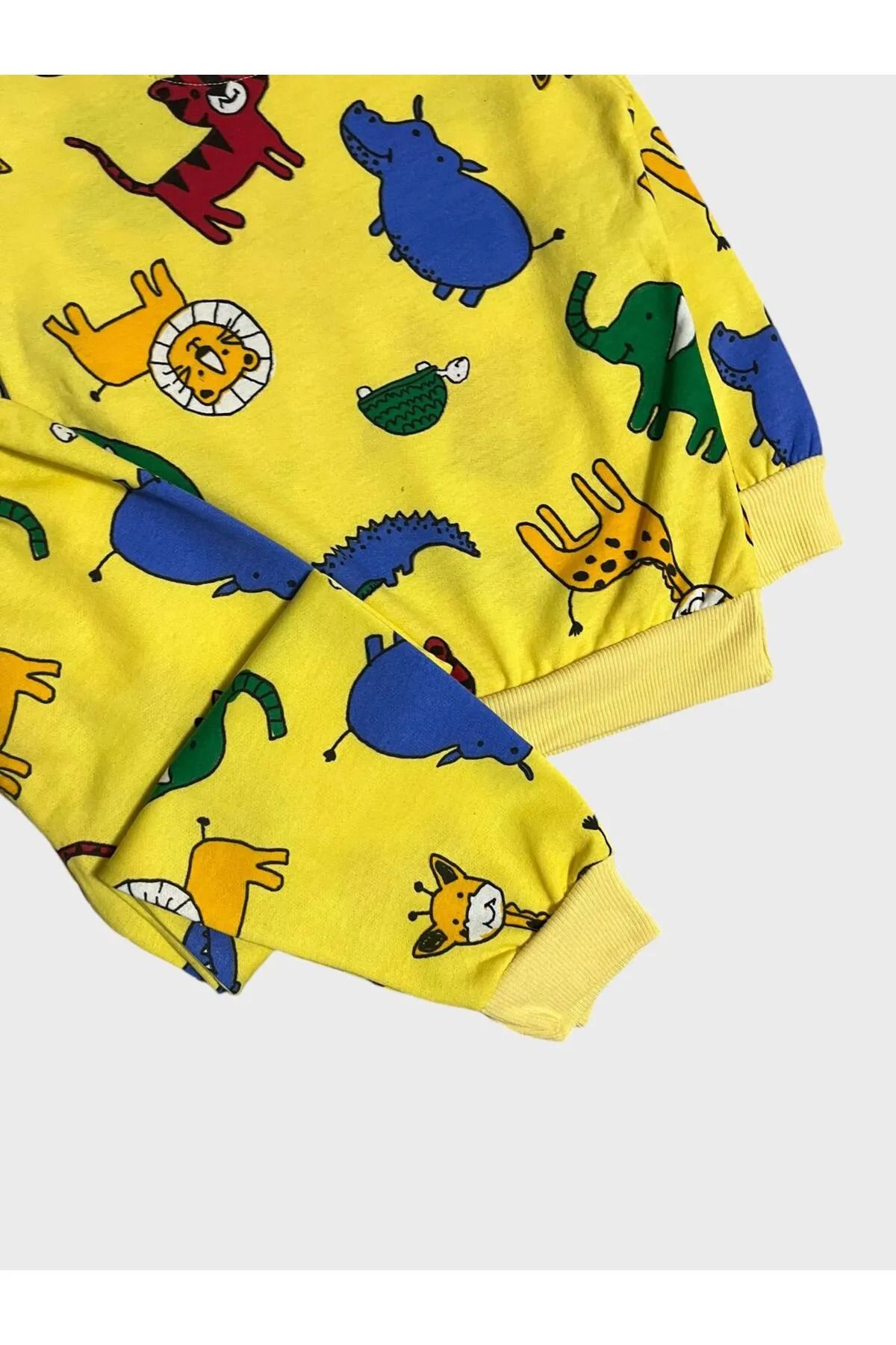 TOFU KİDS-Boy's Cotton Yellow Lion Elephant Zebra Print Long Sleeve Pajamas Set 3