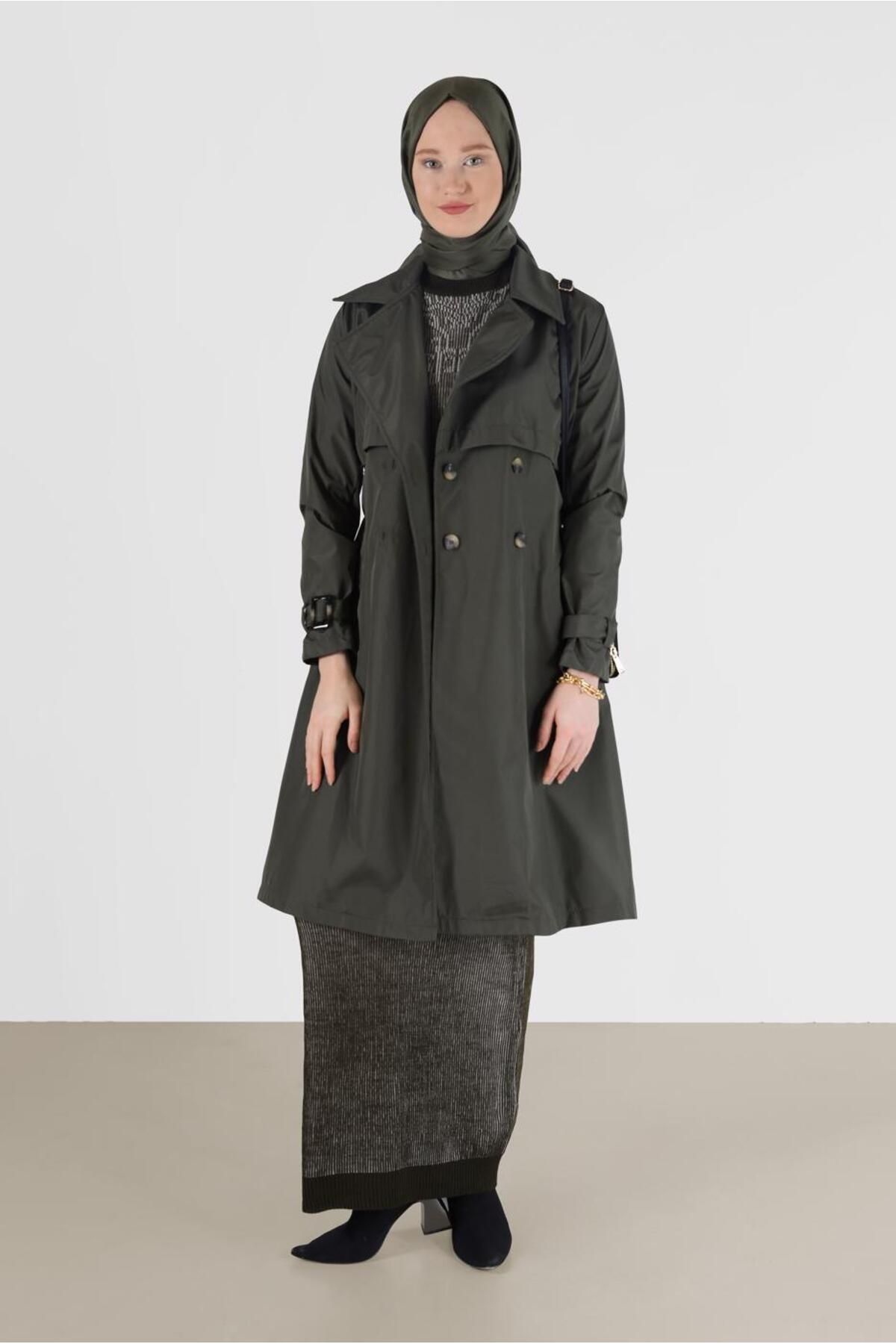 TRENDTESETTÜR-Buttoned Trench Coat with Sleeves Belt Detail 3565 1