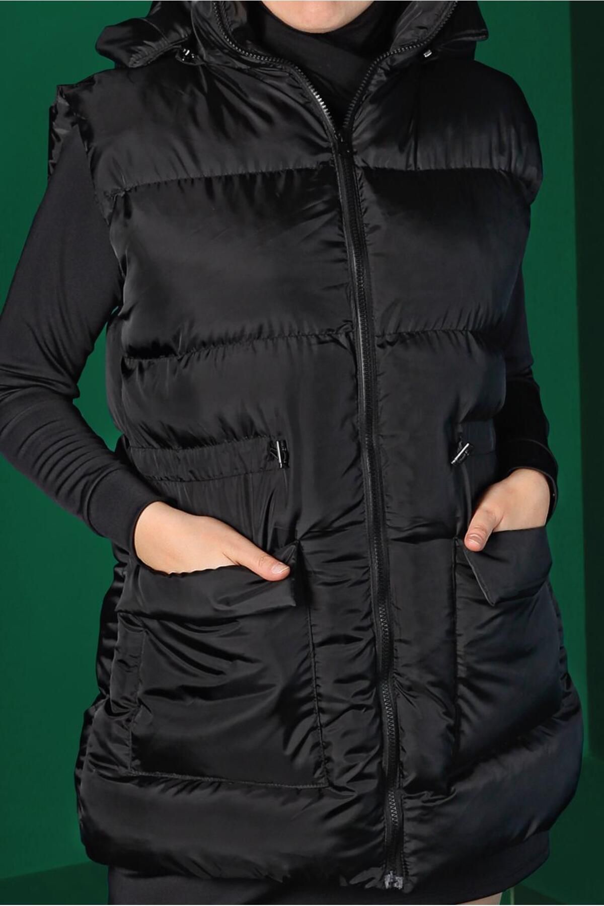 TRENDTESETTÜR-Women's Black Puffer Vest with Gathered Waist Pockets 1010 4